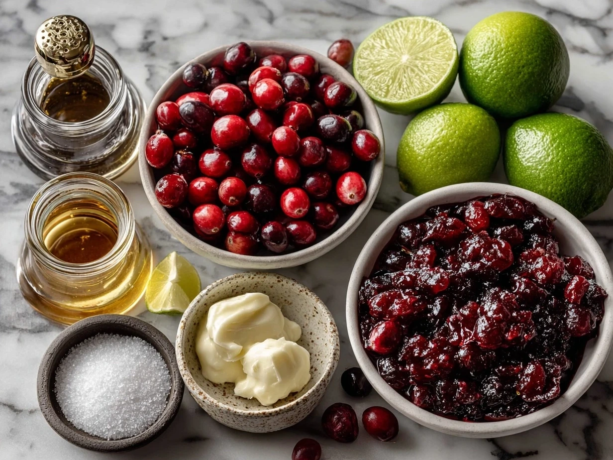 Ingredients for Cranberry Jalapeño Dip including cream cheese, cranberries, jalapeños and seasonings