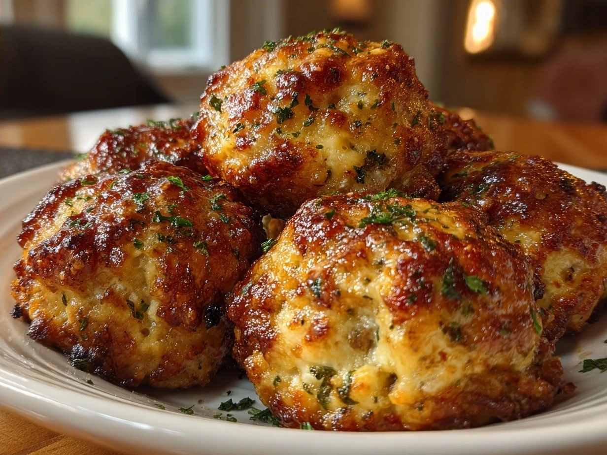 Final cooked Cream Cheese Sausage Balls served on a plate