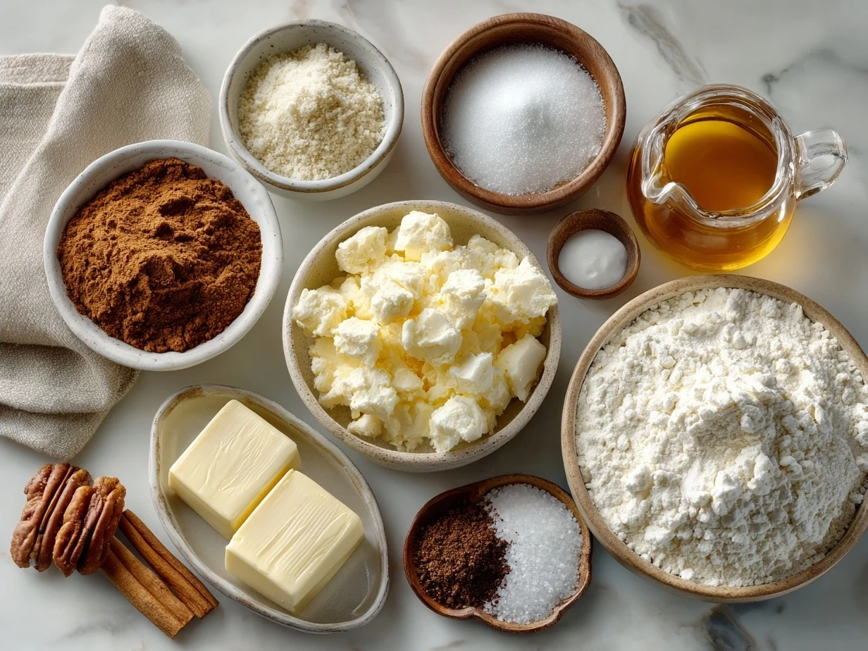Ingredients for Cream Cheese Sausage Balls laid out on a table