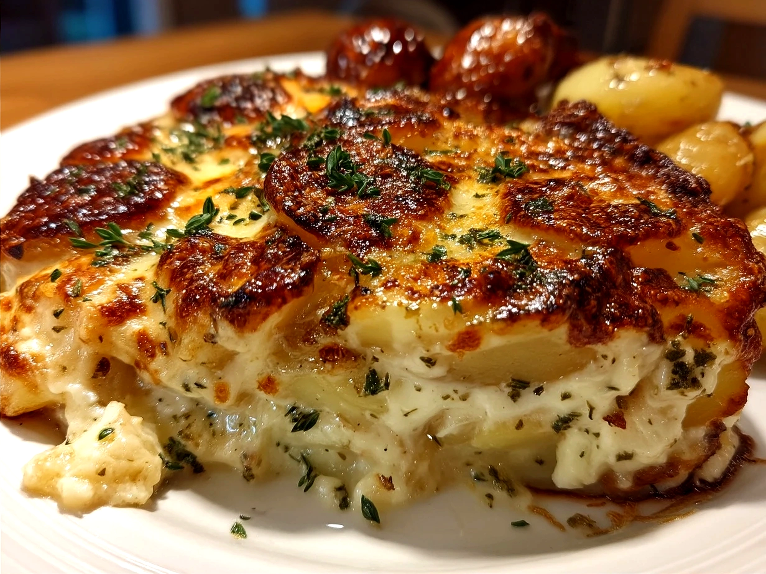 Delicious serving of creamy scalloped potatoes garnished and ready to eat