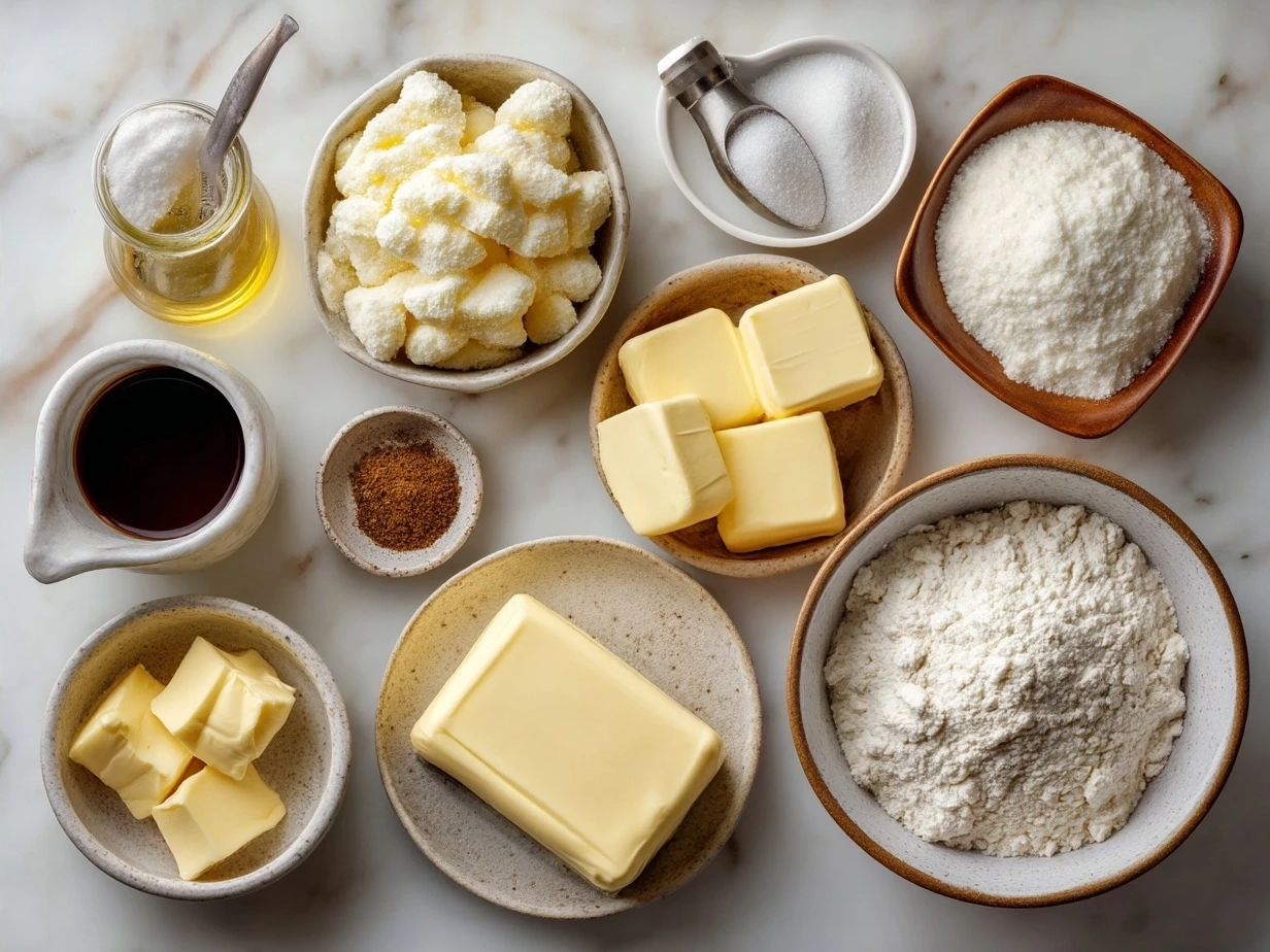 Ingredients for Creamy Scalloped Potatoes including potatoes, cheese, milk, and butter