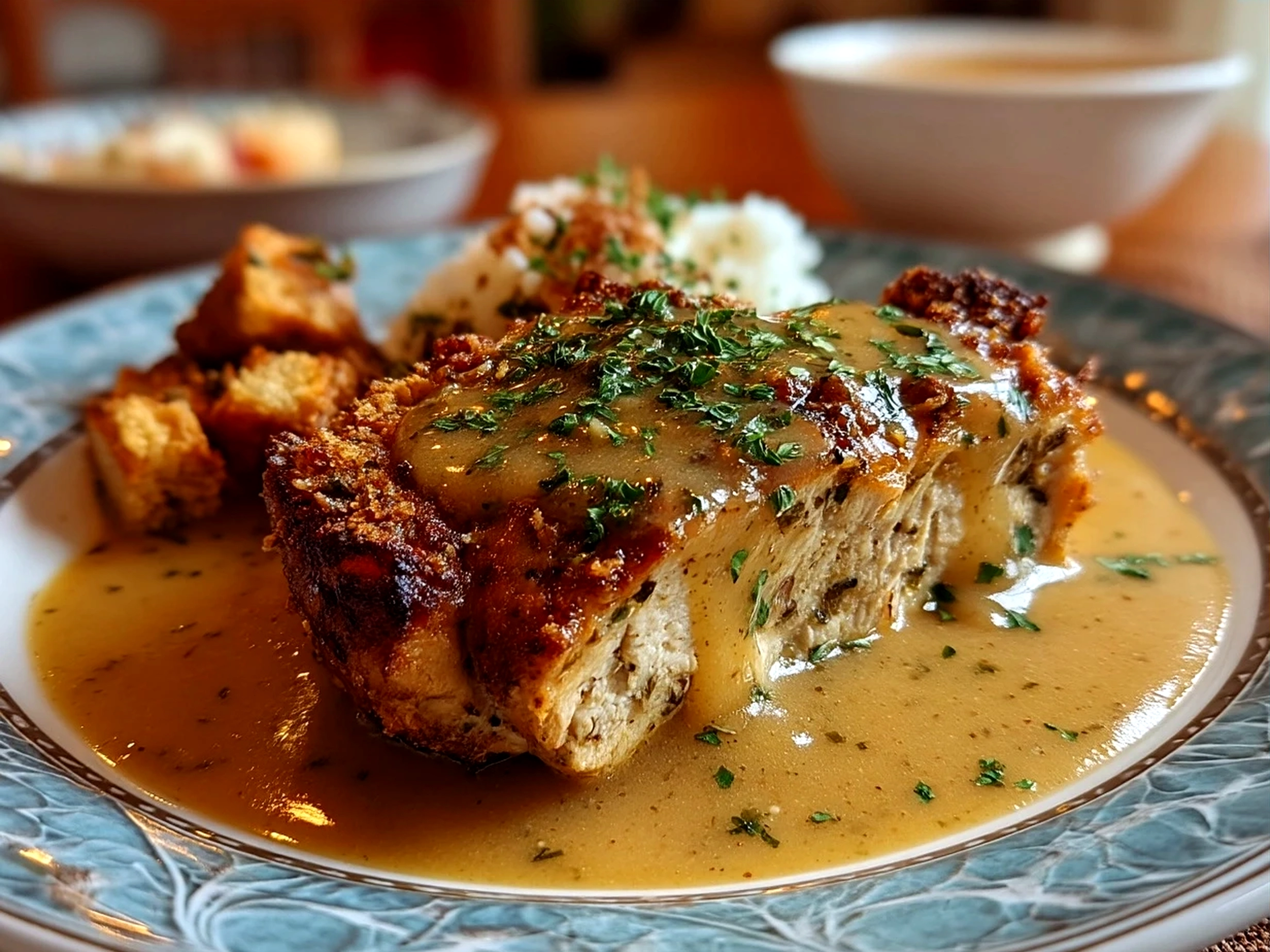 A plate of mashed potatoes topped with Crockpot Chicken Gravy and shredded chicken, served alongside steamed green beans.