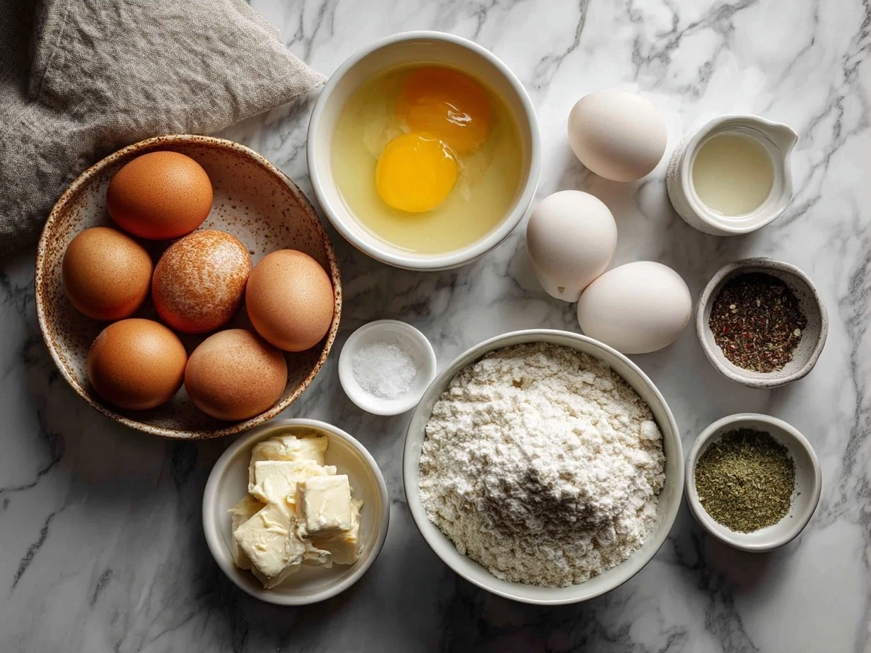 Ingredients for Crockpot Chicken Gravy laid out on a kitchen counter including chicken thighs, broth, onions, garlic, butter, and herbs.