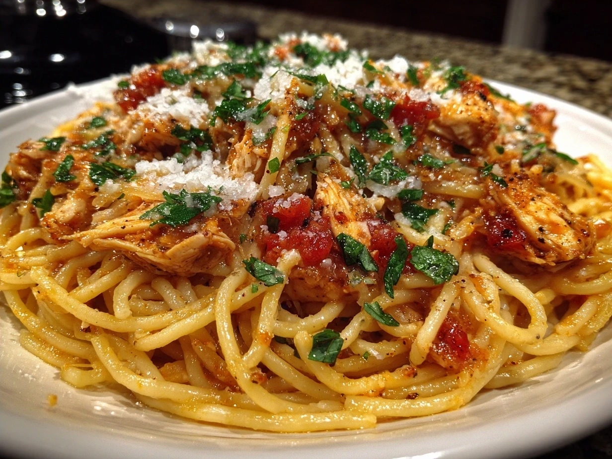 Bowl of creamy Crockpot Chicken Spaghetti with herbs