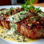 Delicious homemade steak with garlic cream sauce served on white plate