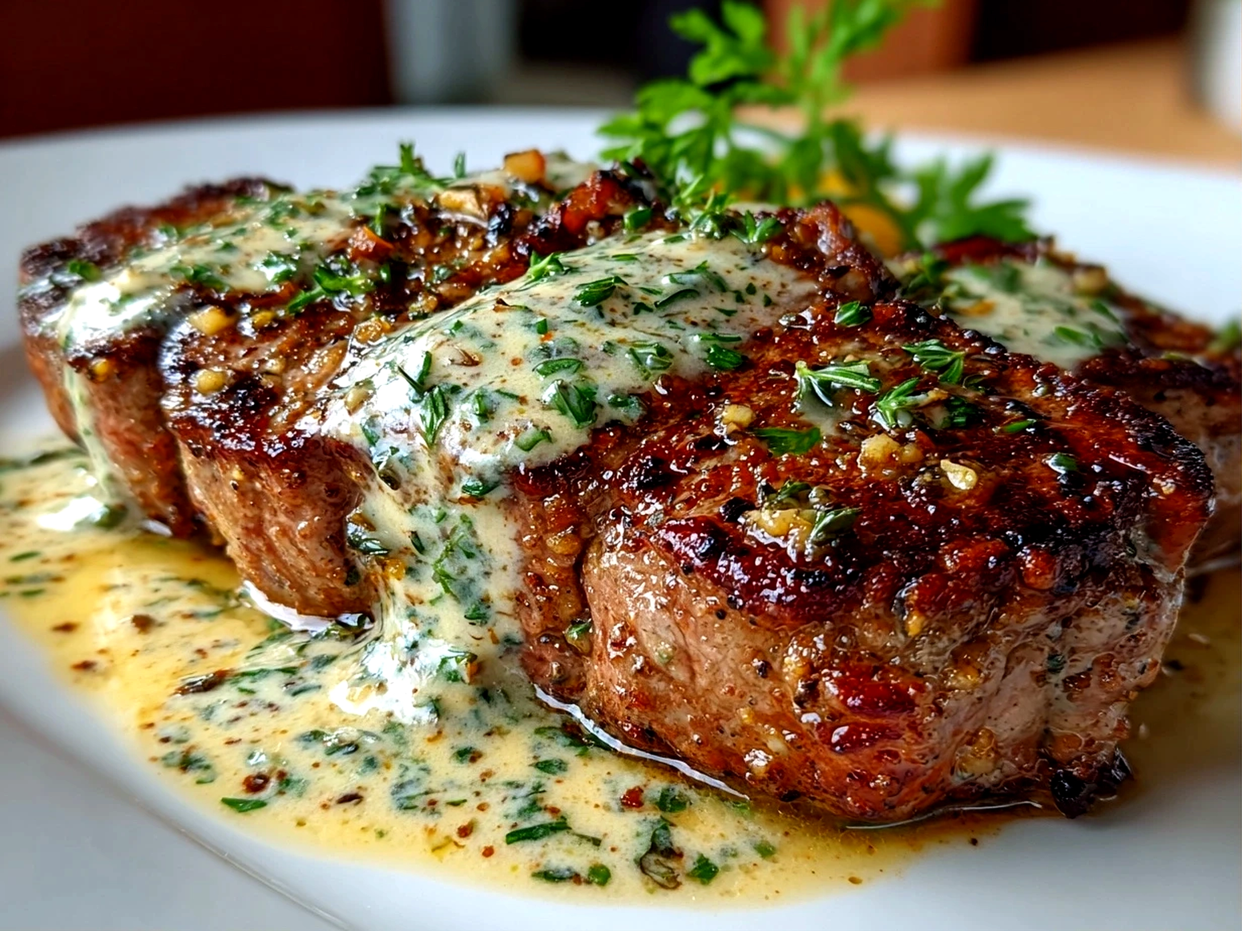 Delicious homemade steak with garlic cream sauce served on white plate