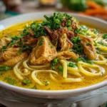 Delicious Turmeric Ginger Chicken Noodle Soup Close-up