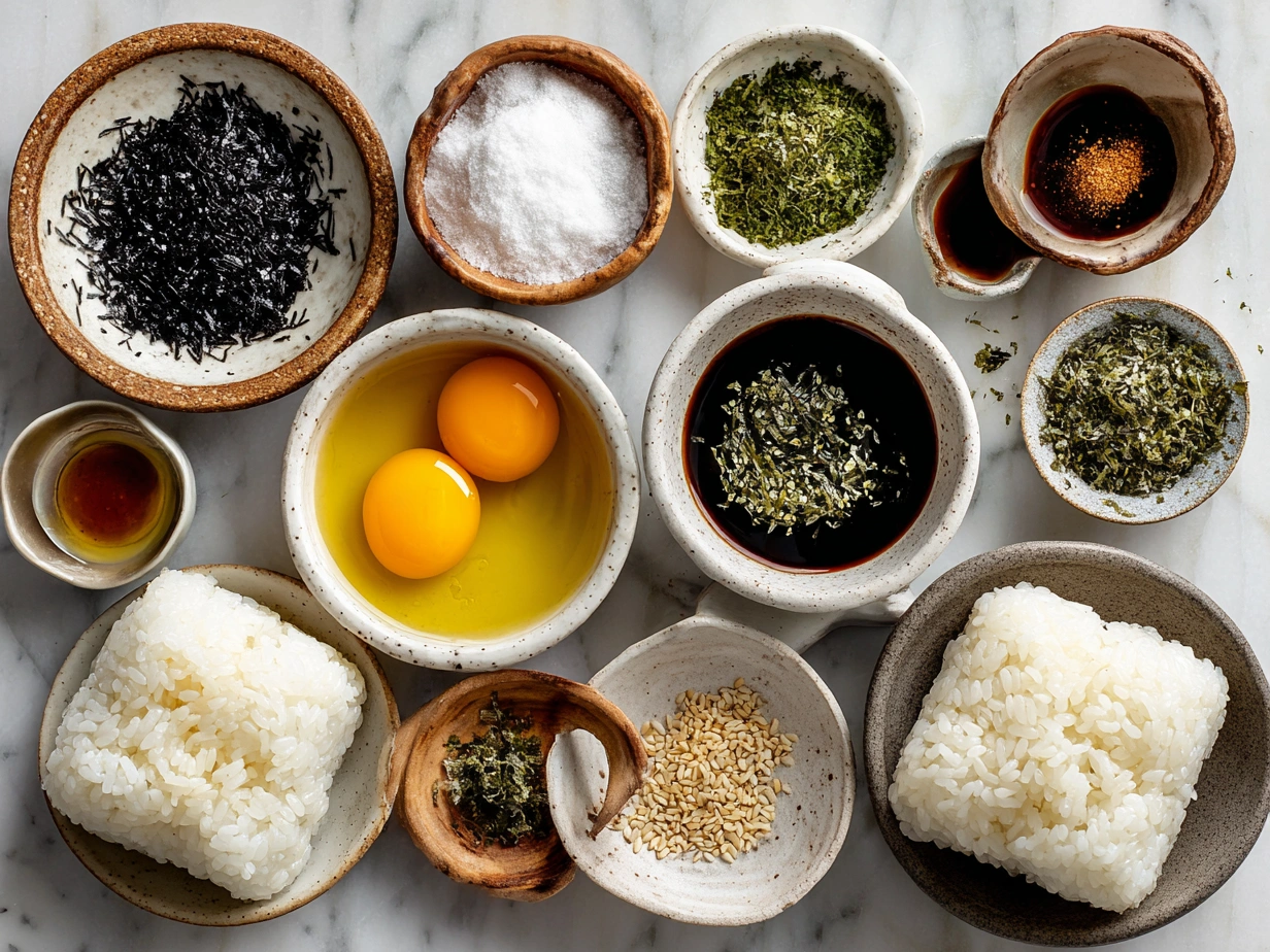 Ingredients for Easy Yaki Onigiri including rice, soy sauce, mirin, sesame oil, salt, nori, and vegetable oil