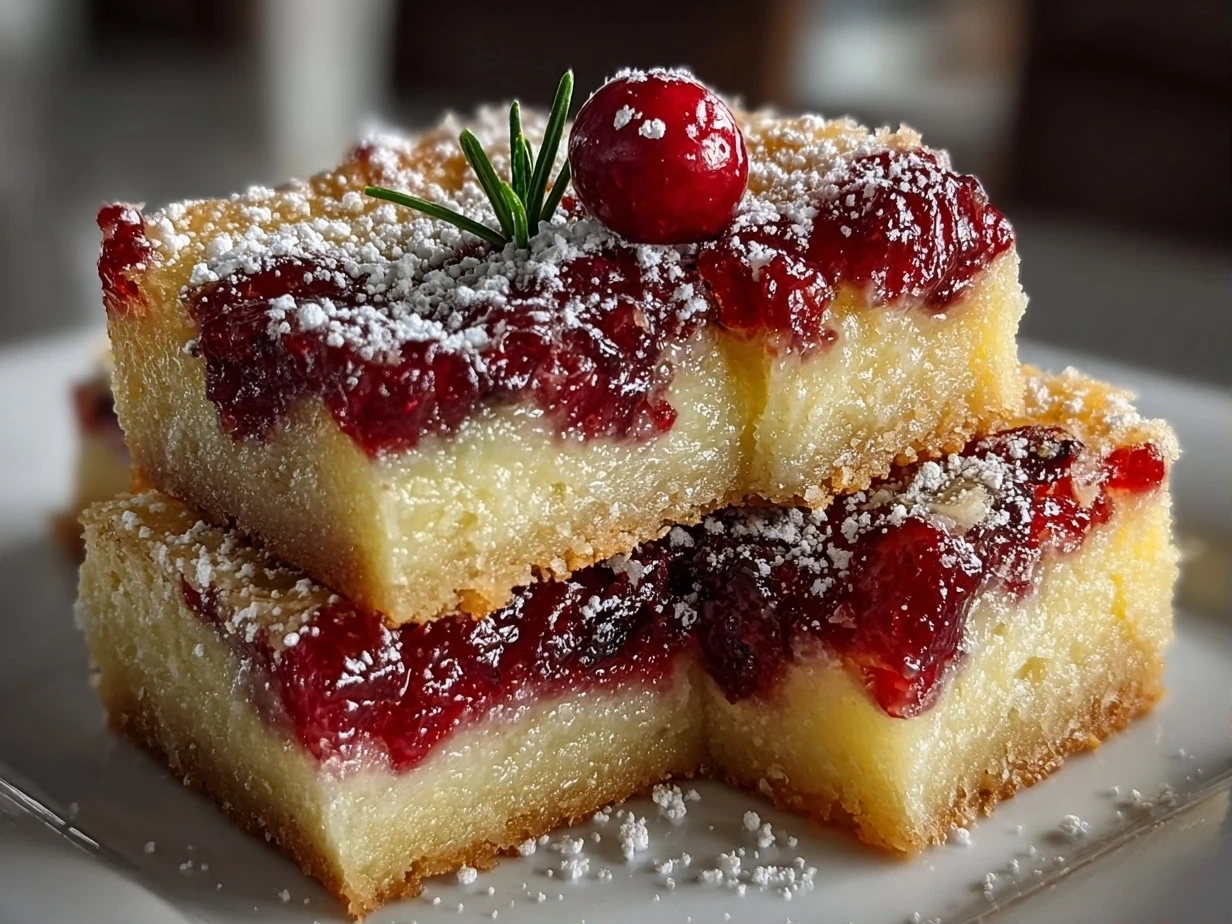 Close-up of perfectly baked Cranberry Lemon Bars dusted with powdered sugar