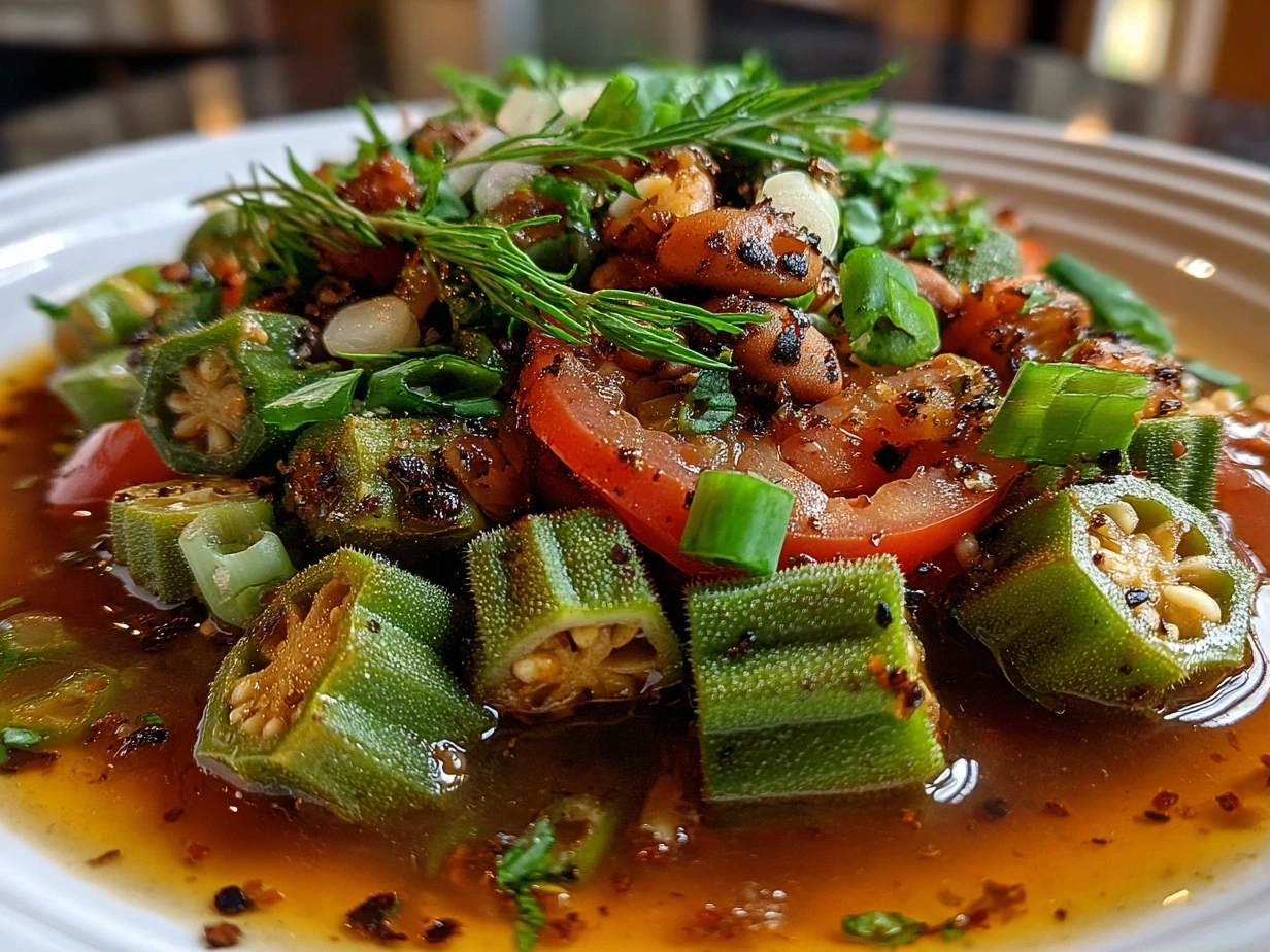 Finished Black-Eyed Peas Okra Stew served in a bowl, garnished with fresh herbs and a lemon wedge.