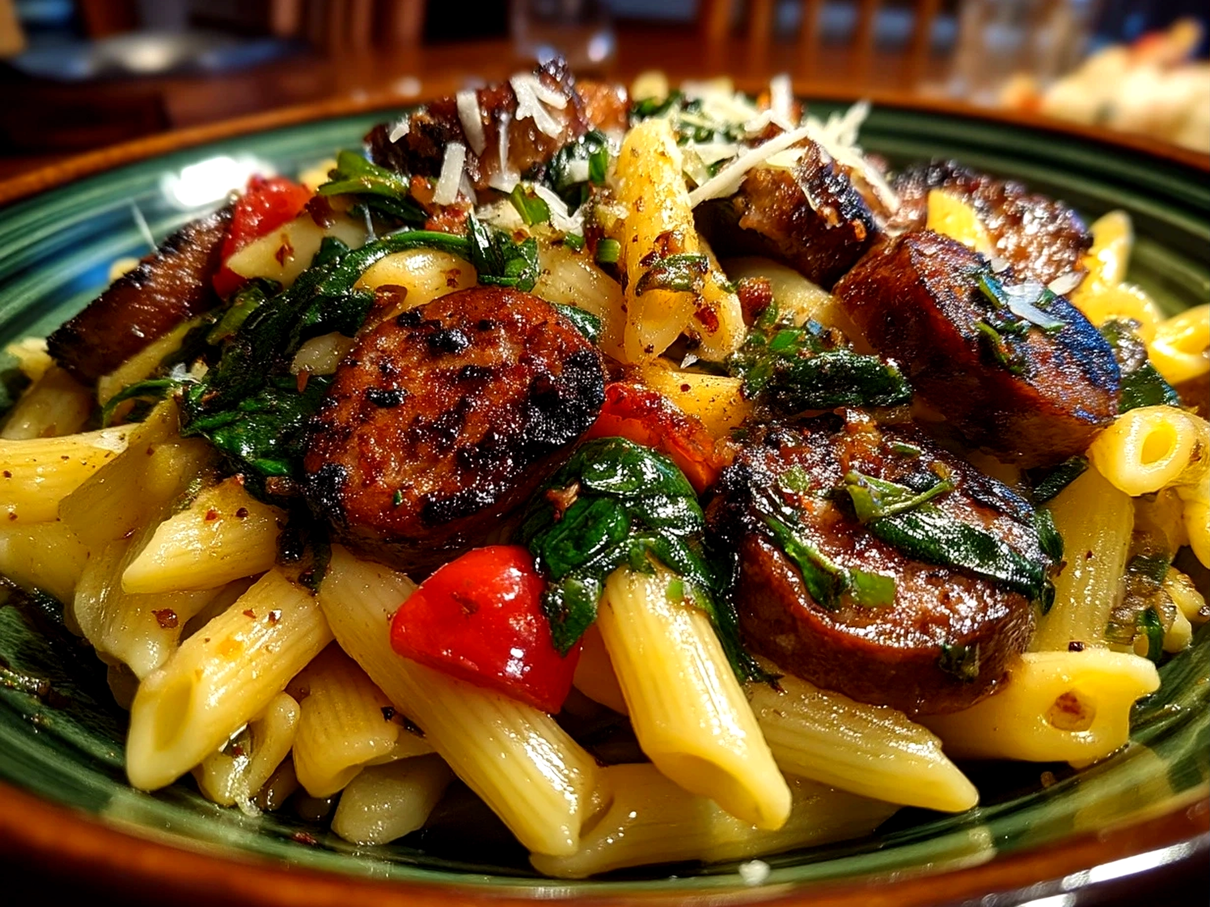 Close-up of finished creamy Cajun Sausage Pasta