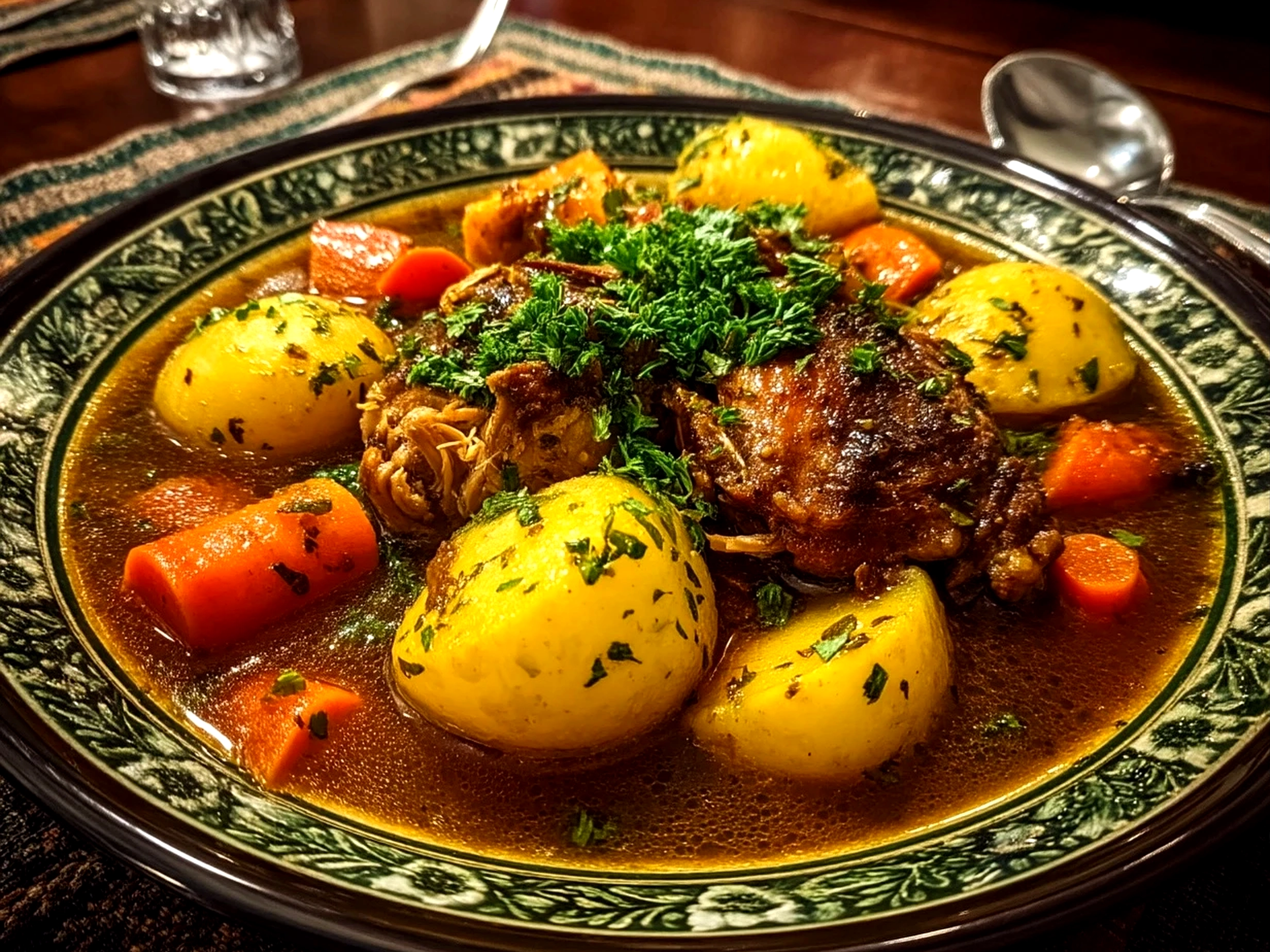 Close-up of finished chicken stew ready to serve in a bowl