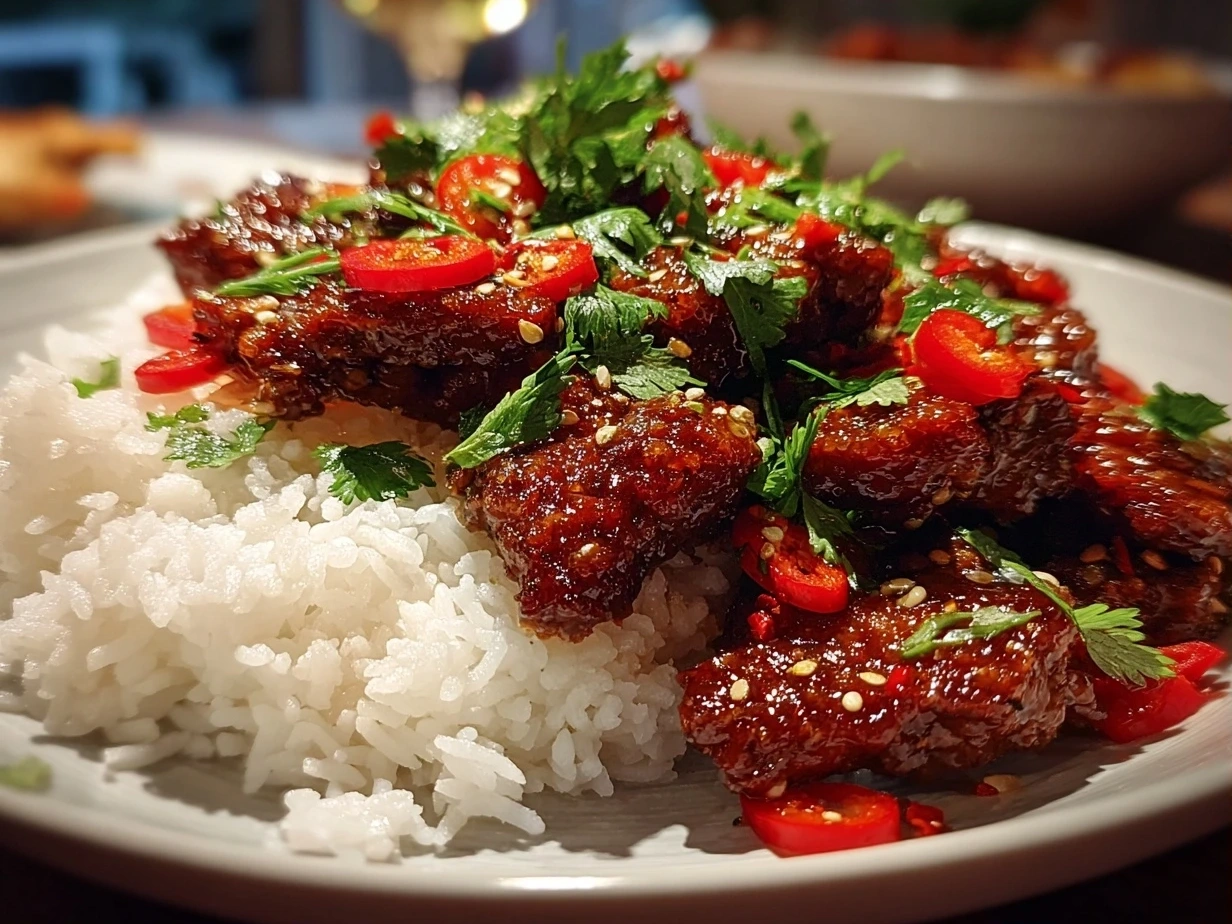 Close up of finished crispy chili beef garnished with sesame seeds.