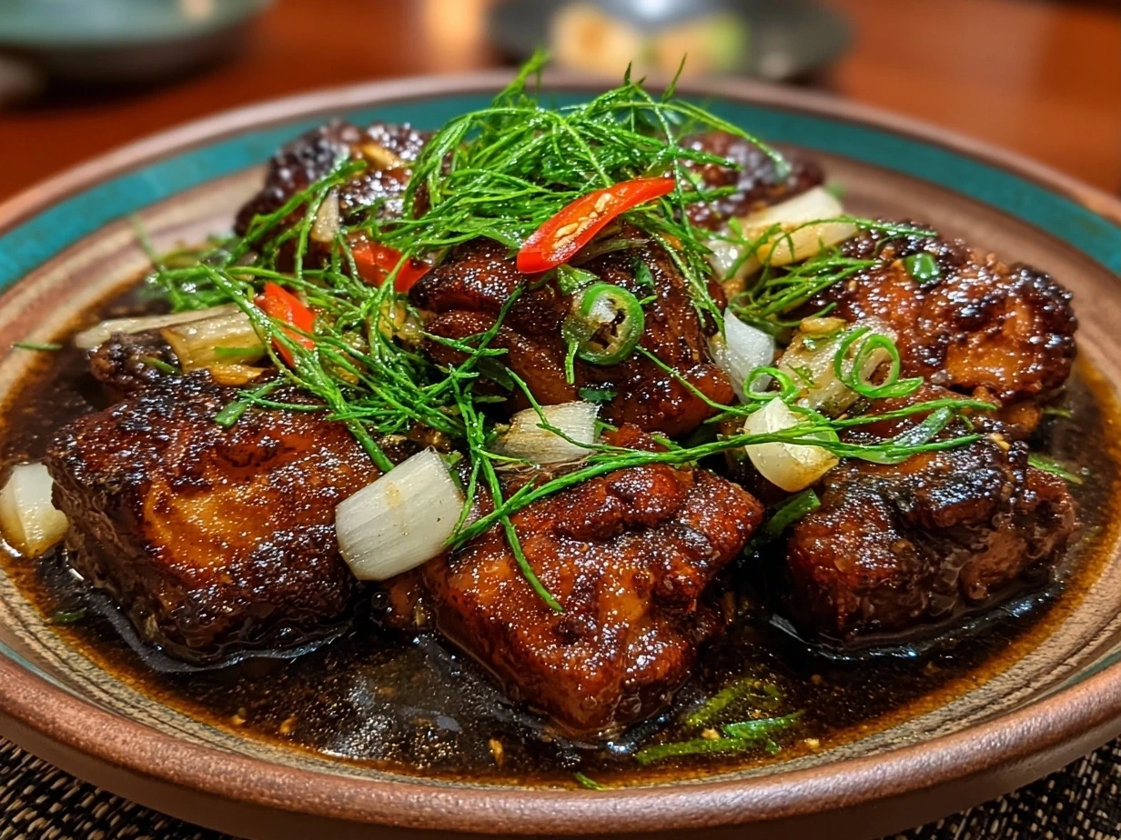 Close-up of finished Filipino Chicken Adobo served in a bowl