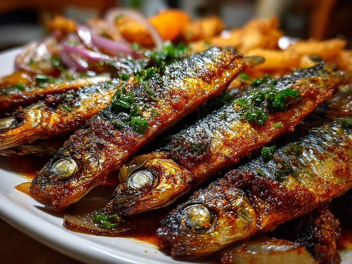 Close-up of perfectly crispy fried sardines garnished with fresh herbs and lemon wedges