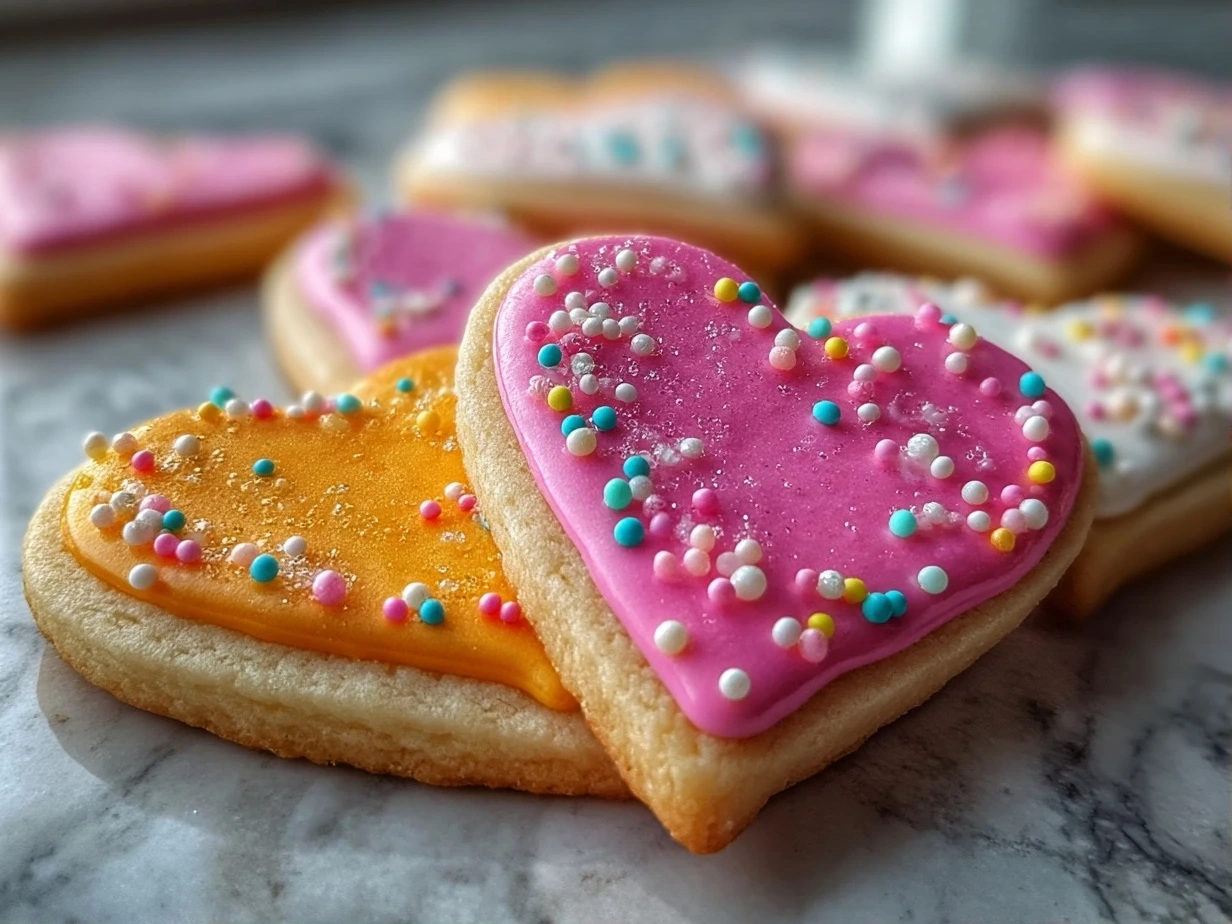 Close-up of finished Frosted Heart Sugar Cookies with smooth icing and decorations