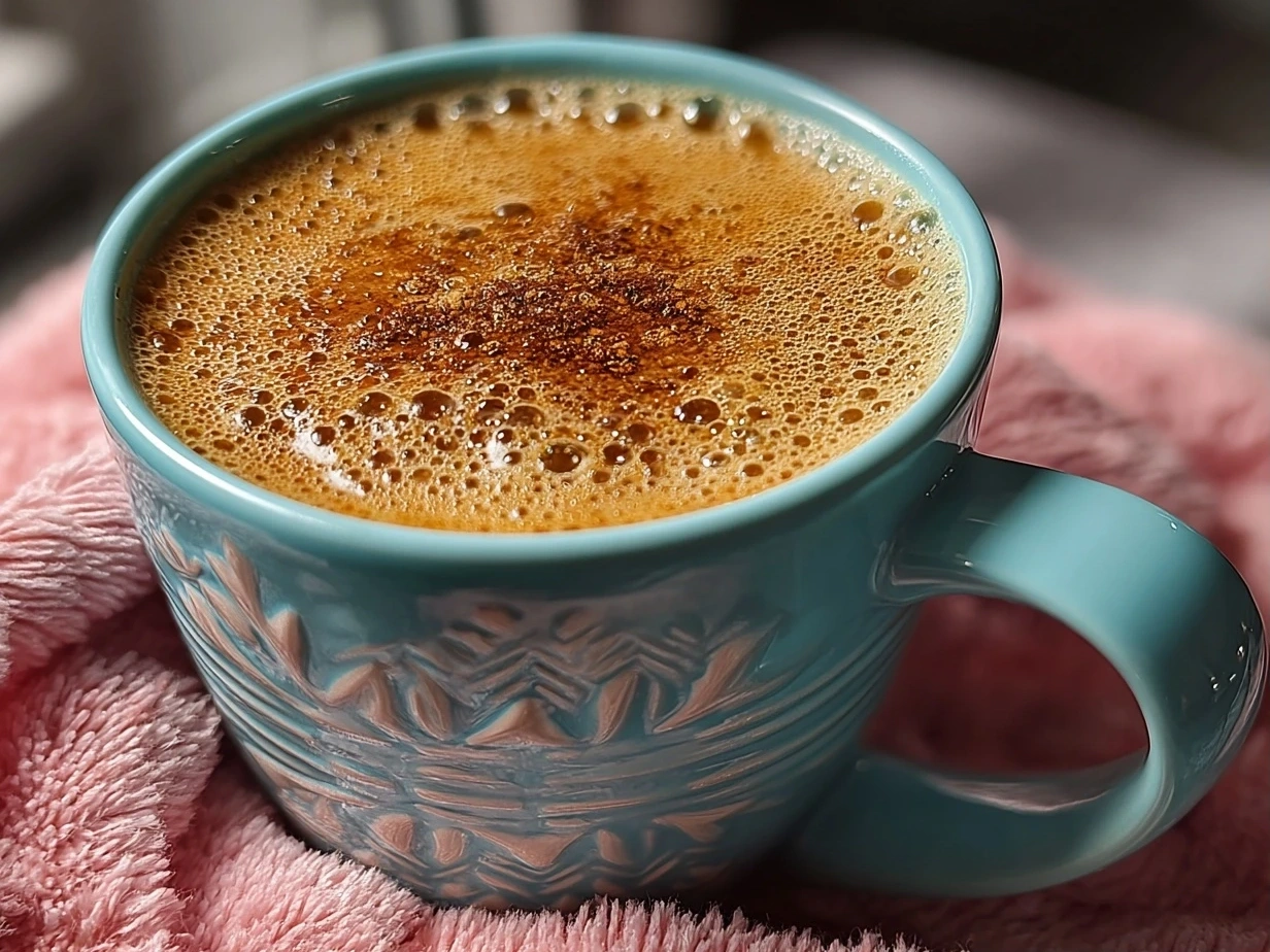 Close-up of finished Hot Buttered Rum with golden butter swirl in a clear mug