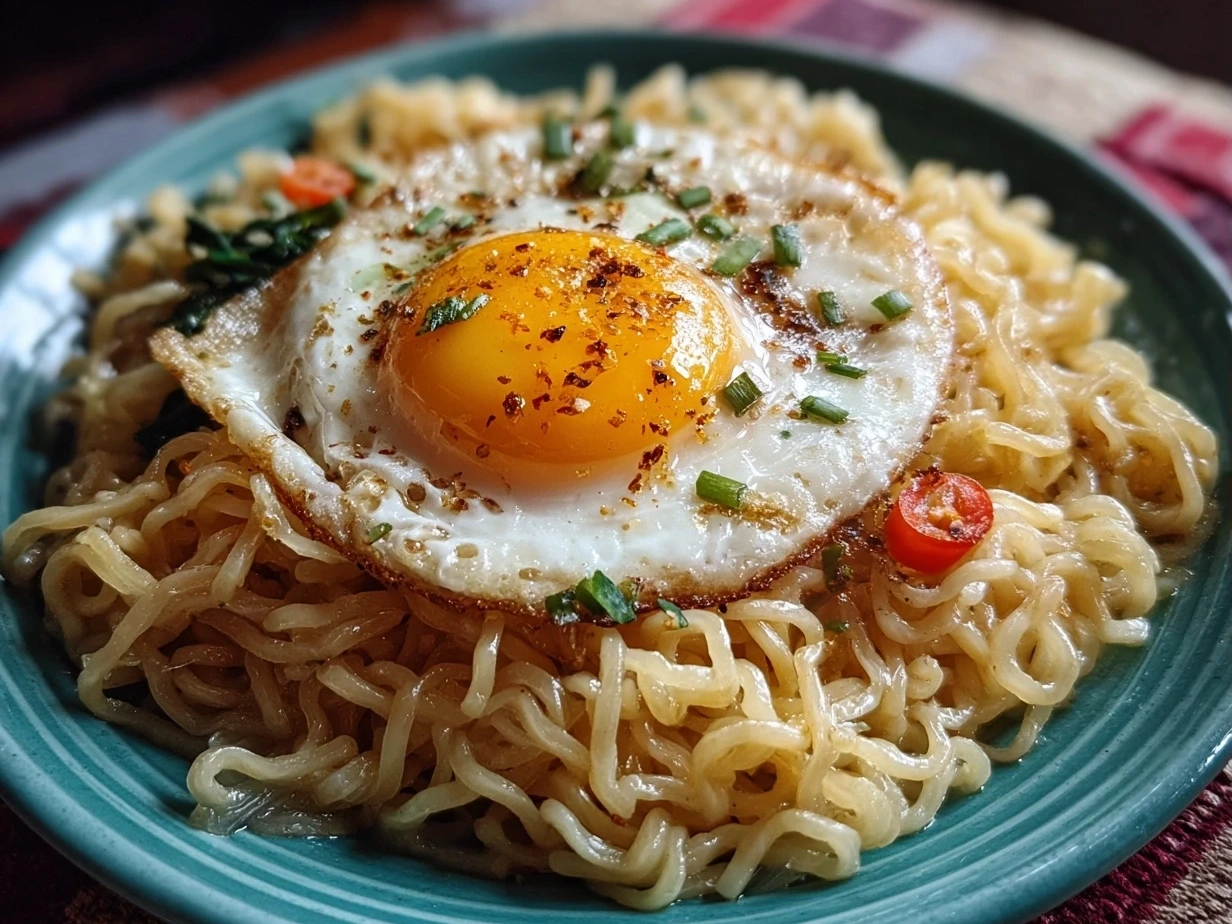 Finished plate of Instant Noodles with Egg Butter Garlic ready to serve