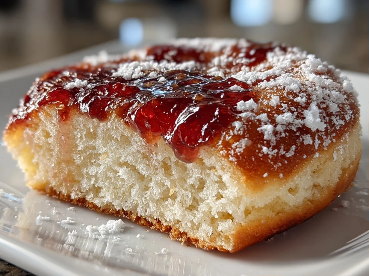 Close-up of finished golden jam donut focaccia with powdered sugar dusting