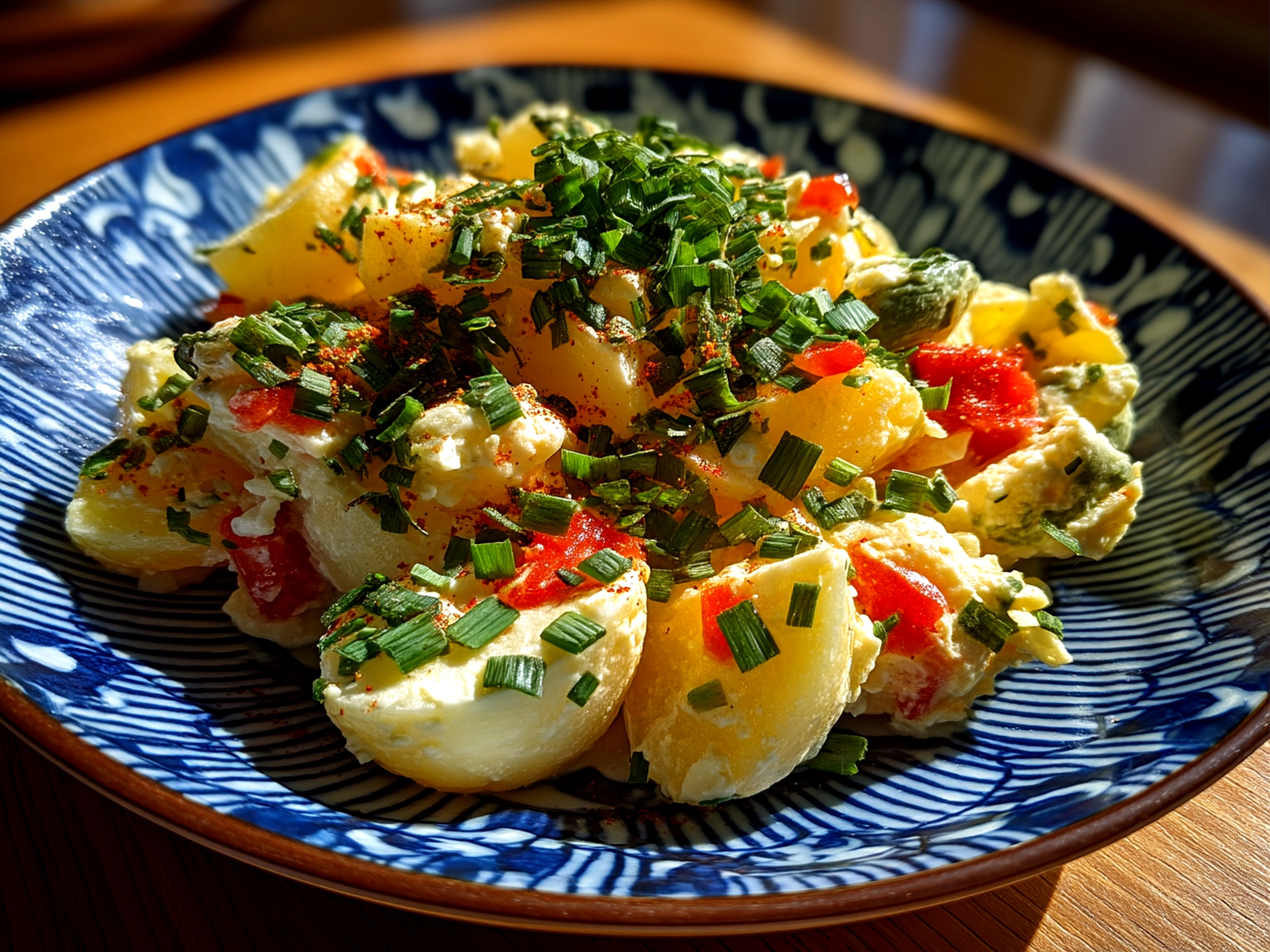 Close-up of finished creamy Japanese Potato Salad garnished with chopped chives