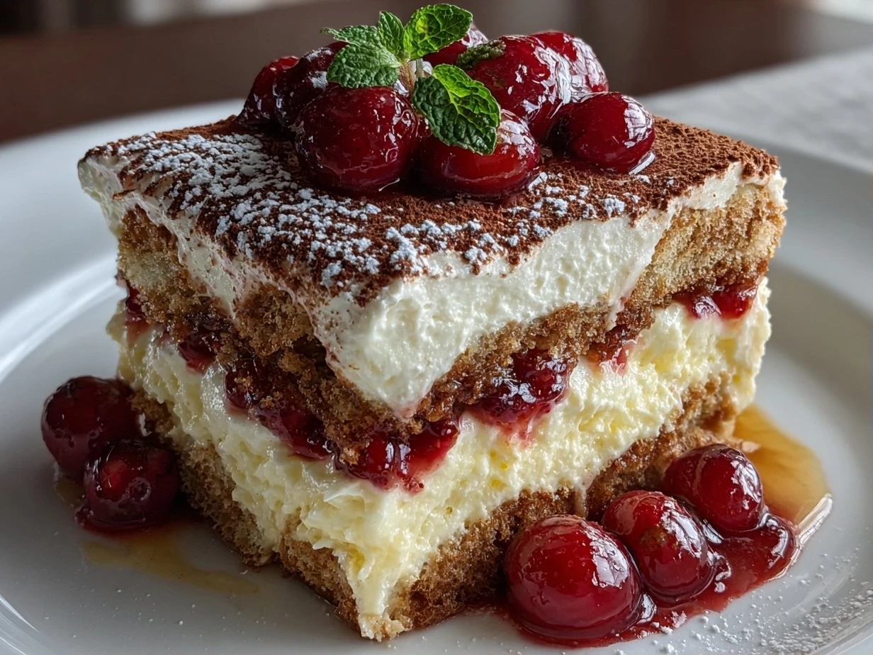 Finished Luxe Cranberry Tiramisu garnished with powdered sugar, cranberries and orange zest.