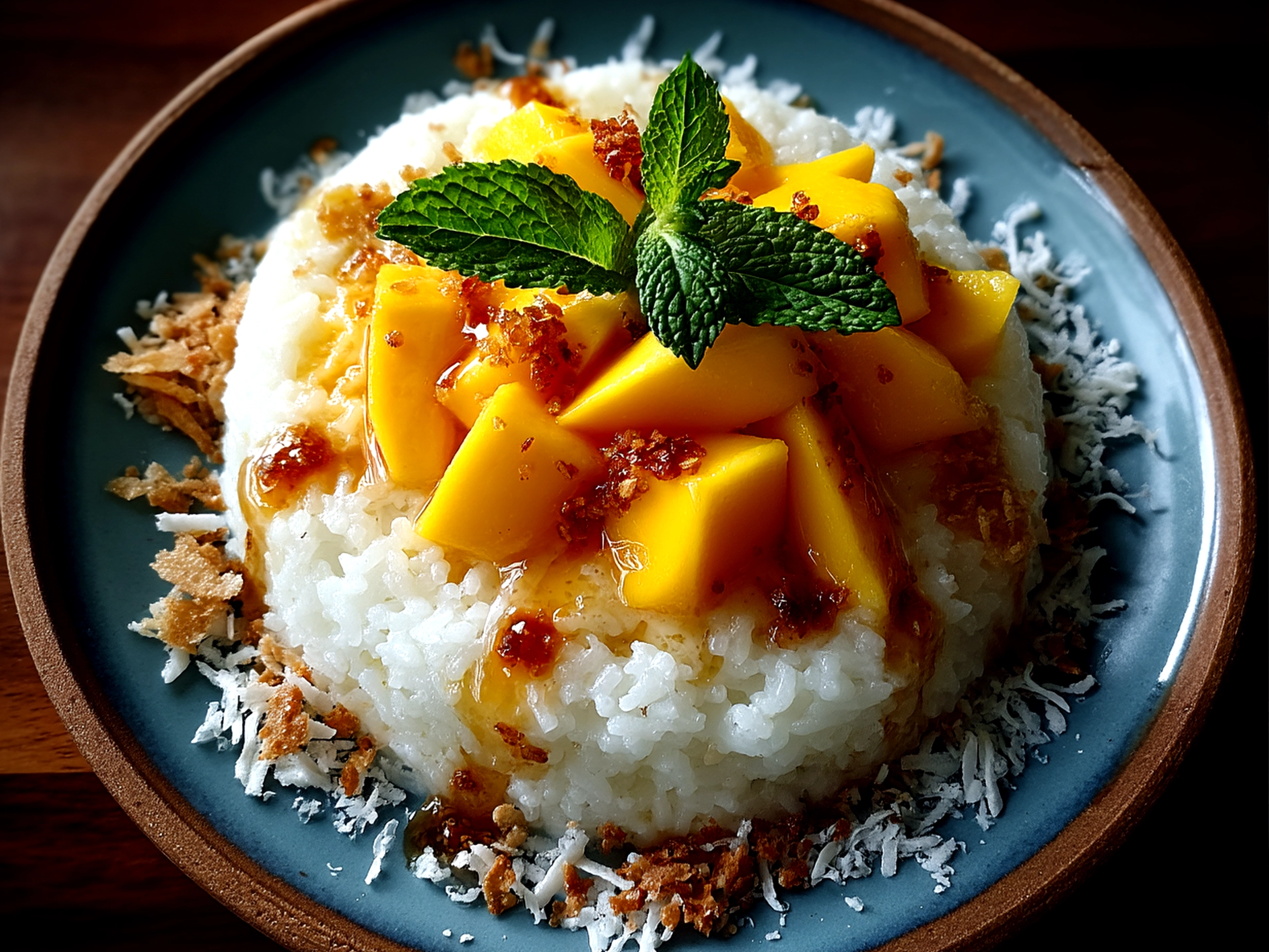 Close-up of finished Mango Sticky Rice served with mango slices and coconut sauce