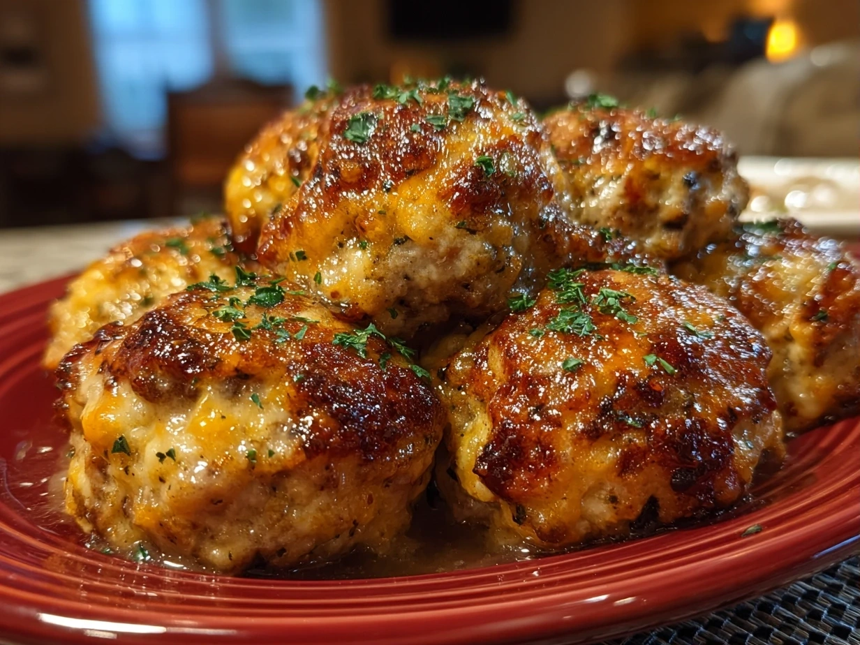 Close-up of finished golden Rotel cream cheese sausage balls fresh from the oven