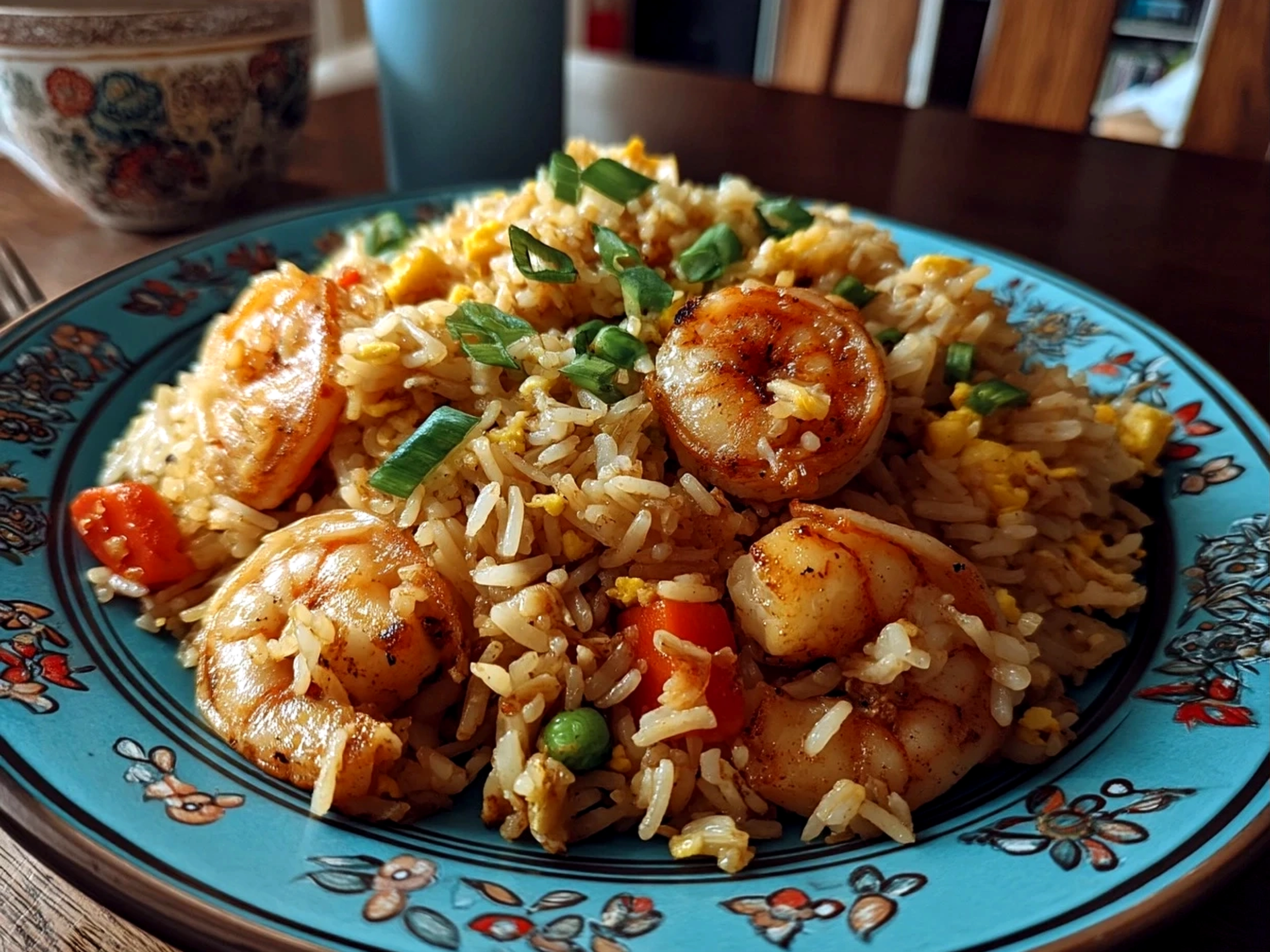 Close up of finished shrimp fried rice served fresh in a bowl garnished with green onions