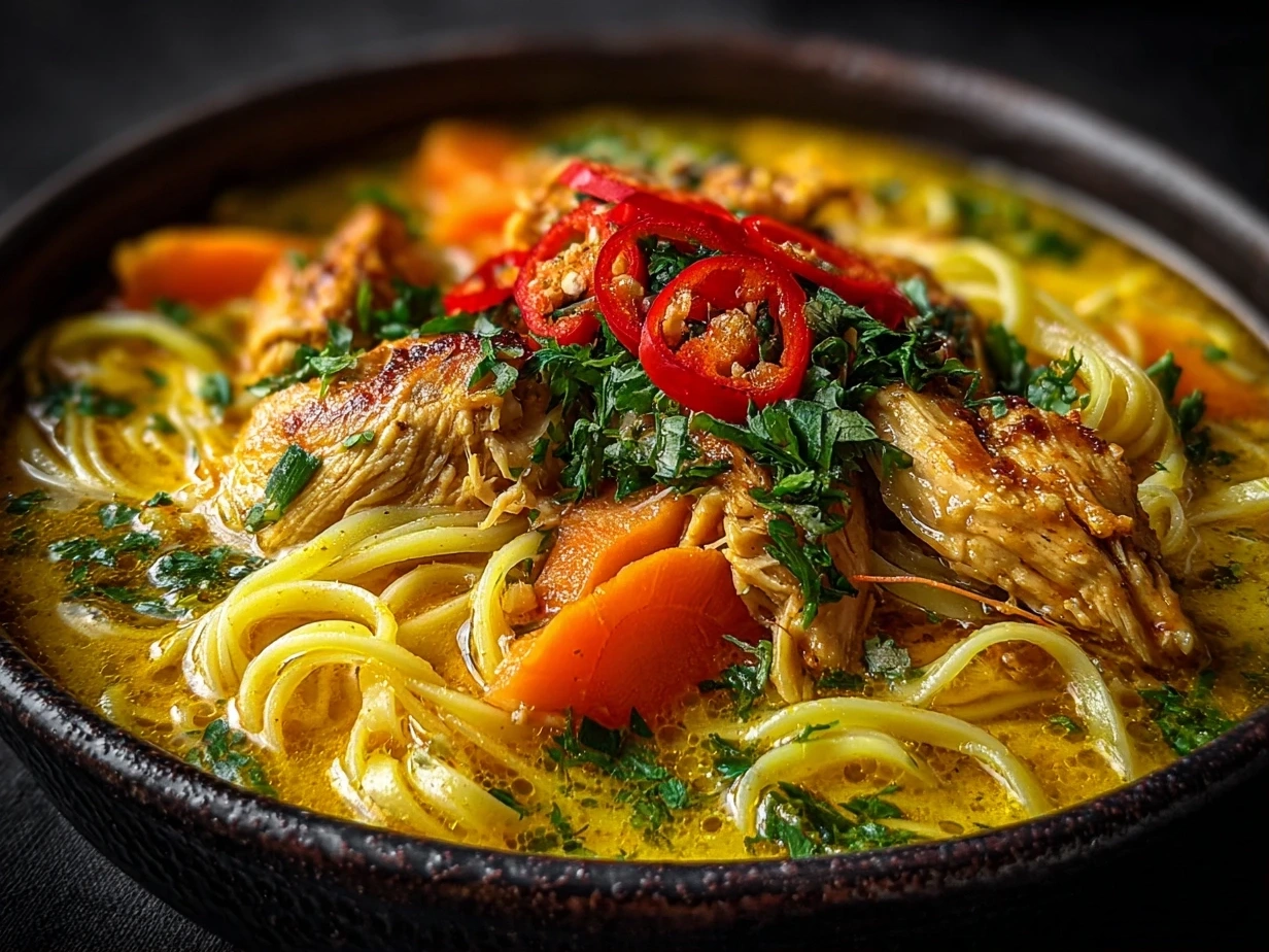 Close-up of a bowl of finished Turmeric Ginger Chicken Noodle Soup, golden broth with noodles and vegetables