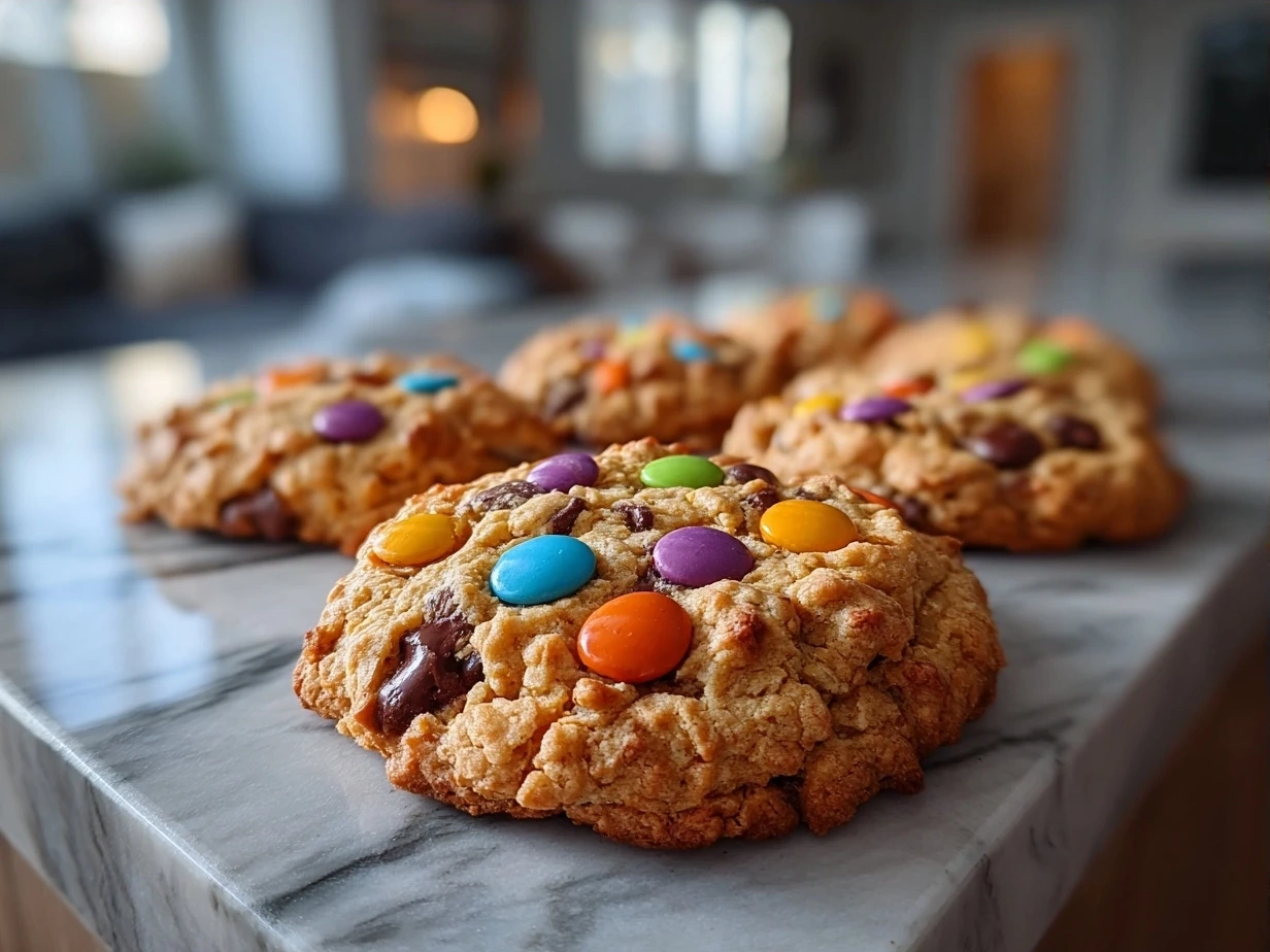 Freshly baked warm Flourless Monster Cookies on a plate ready to enjoy