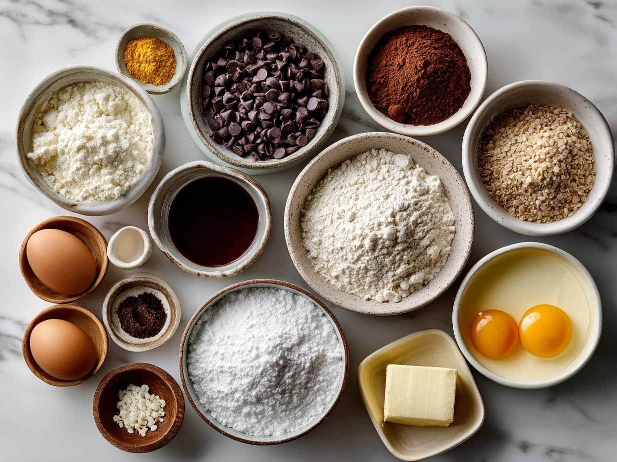 Ingredients for making Flourless Monster Cookies spread out on a kitchen counter