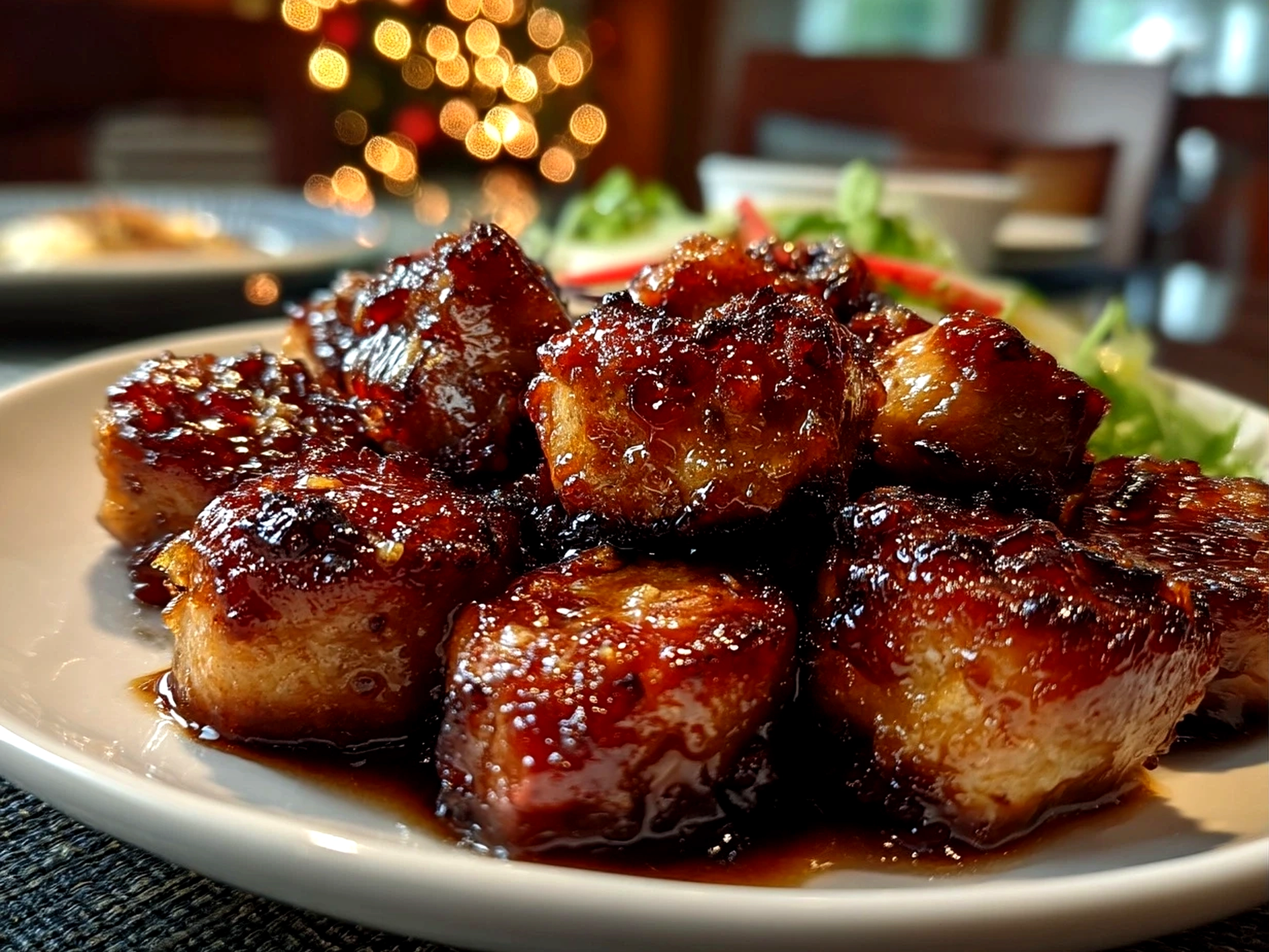 Close up of finished comforting Candied Kielbasa Bites on a serving dish