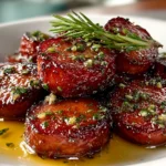 Foods blogger, taken with iPhone 14. Close-up slight angle of delicious candied kielbasa bites on white plate. Mouthwatering --ar 4:3 --style raw --s 250