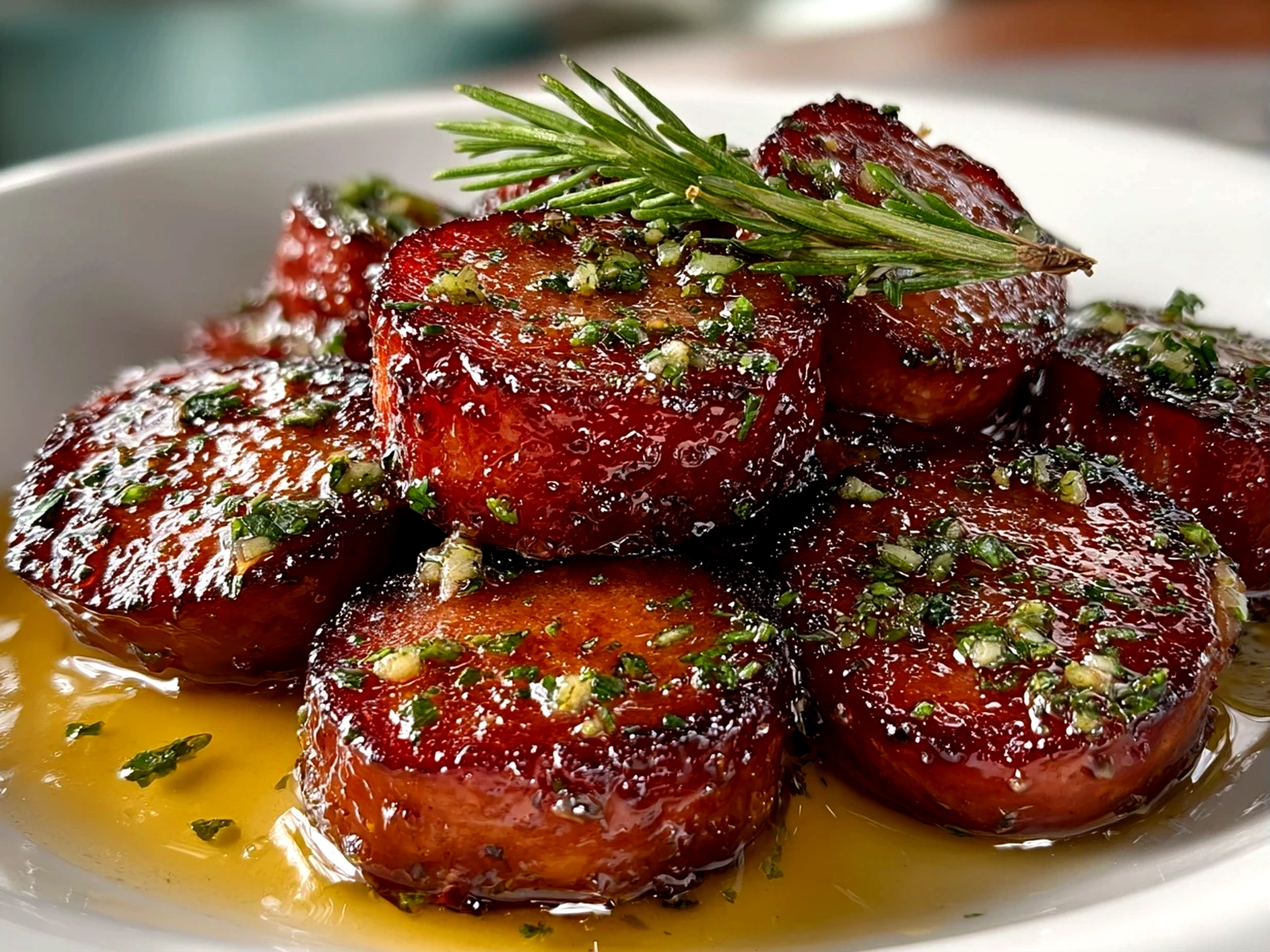 Foods blogger, taken with iPhone 14. Close-up slight angle of delicious candied kielbasa bites on white plate. Mouthwatering --ar 4:3 --style raw --s 250