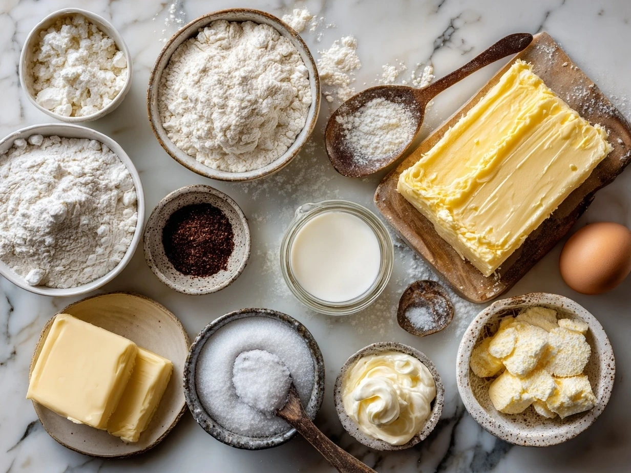 Ingredients for making French Butter Cake including butter, sugar, eggs, flour, and milk
