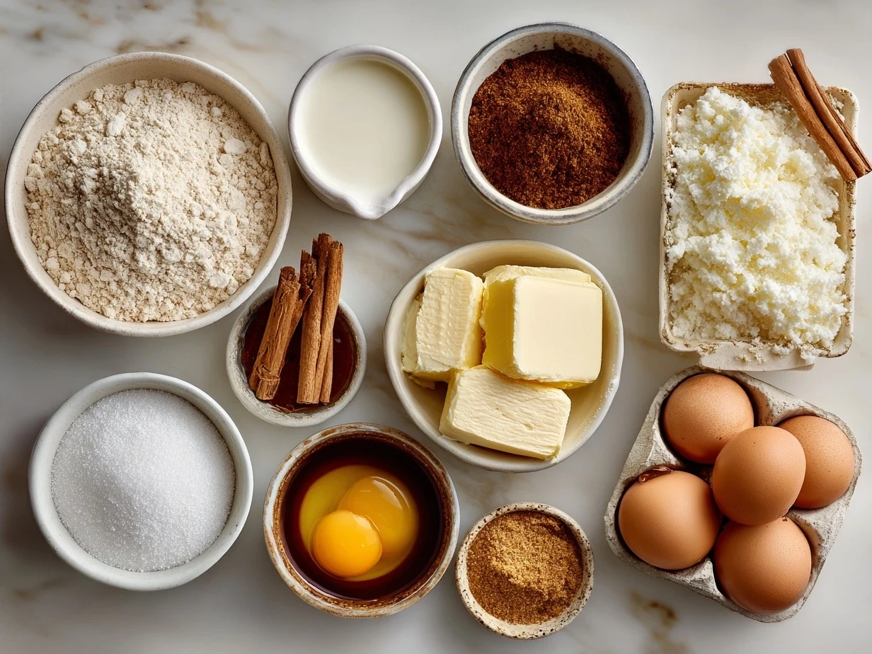 Ingredients for French Toast Casserole laid out on a kitchen table