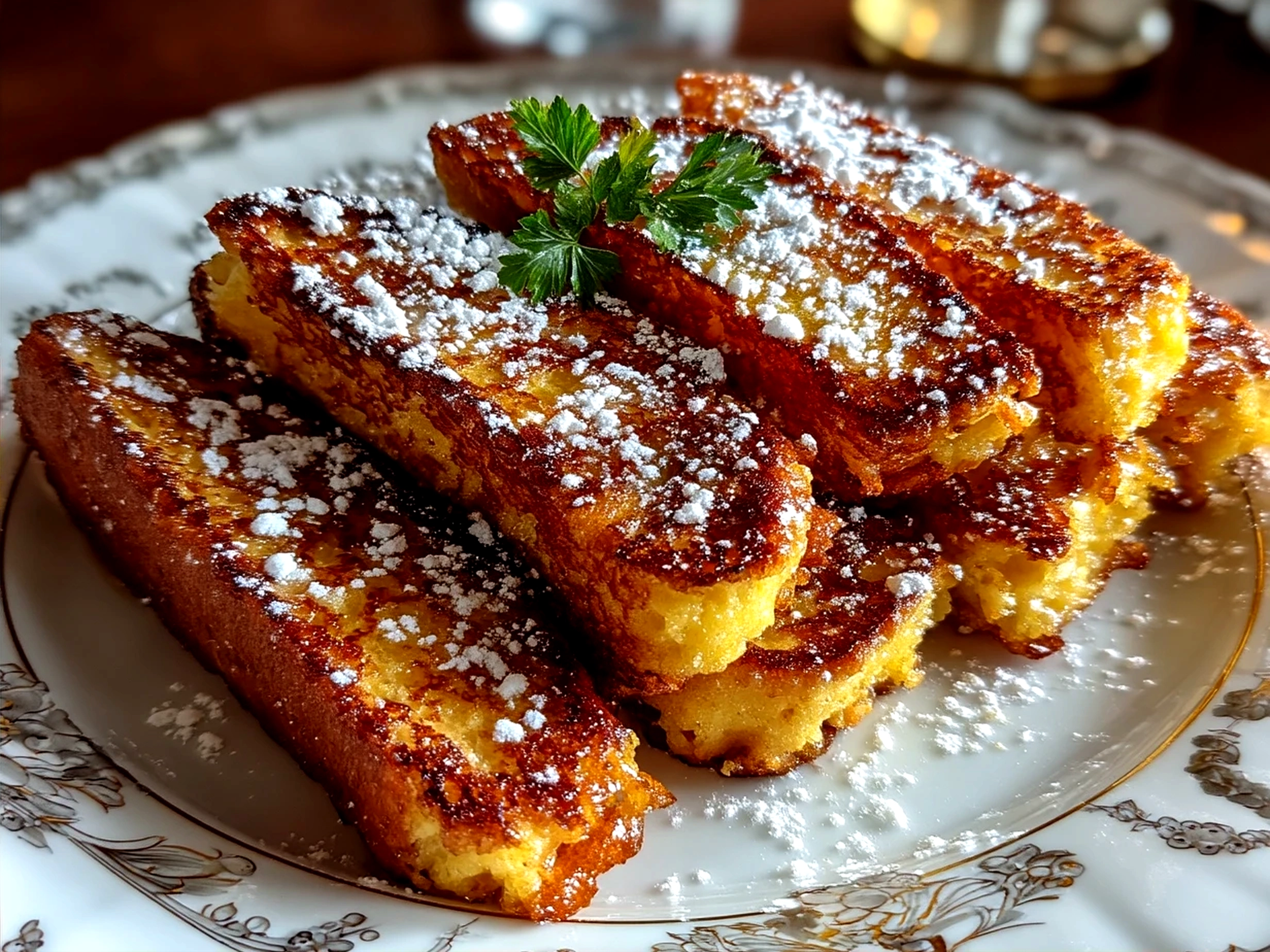 A plate of golden crispy French toast sticks served with syrup and fruit
