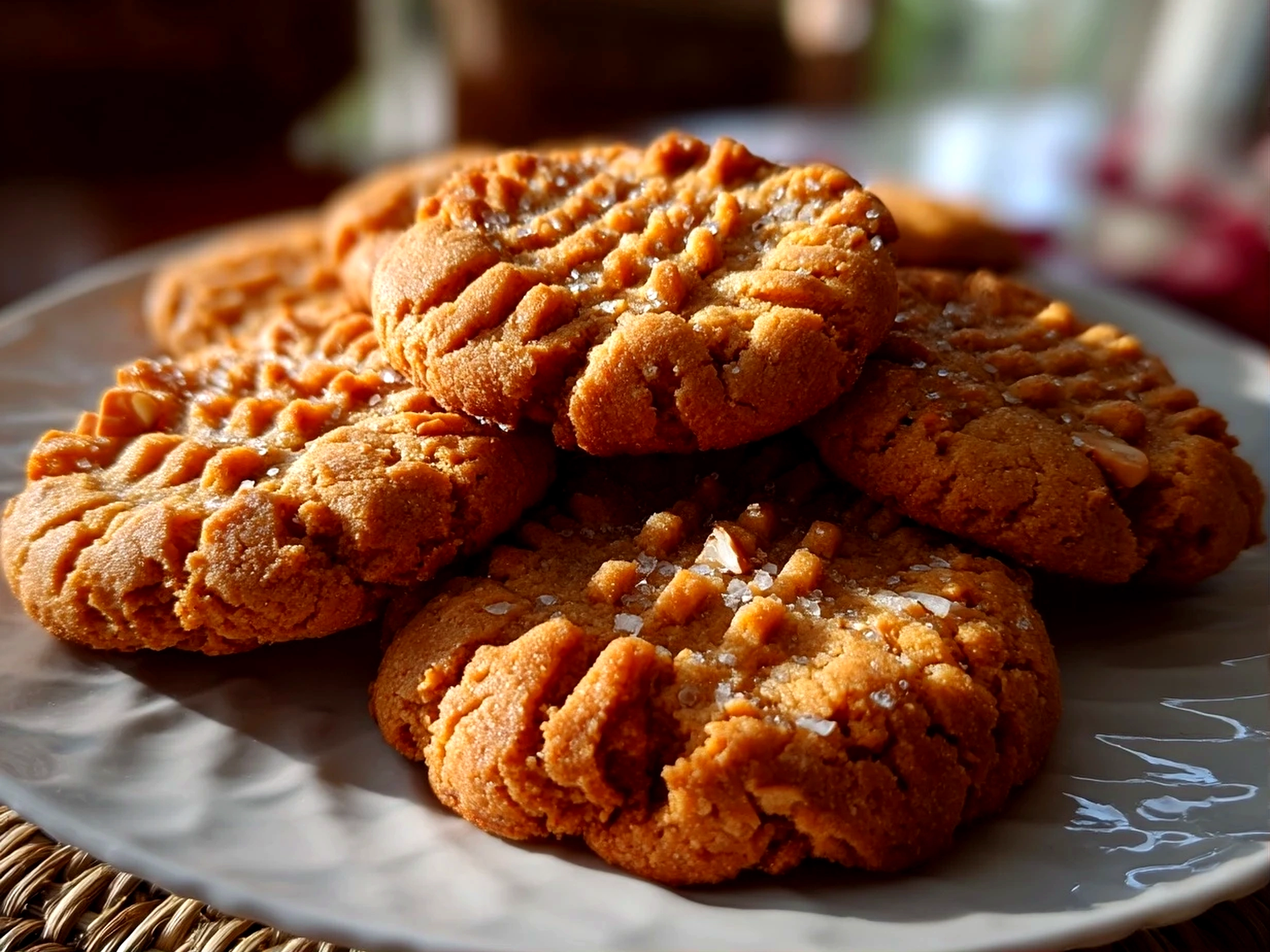 Freshly baked peanut butter cookies on white plate