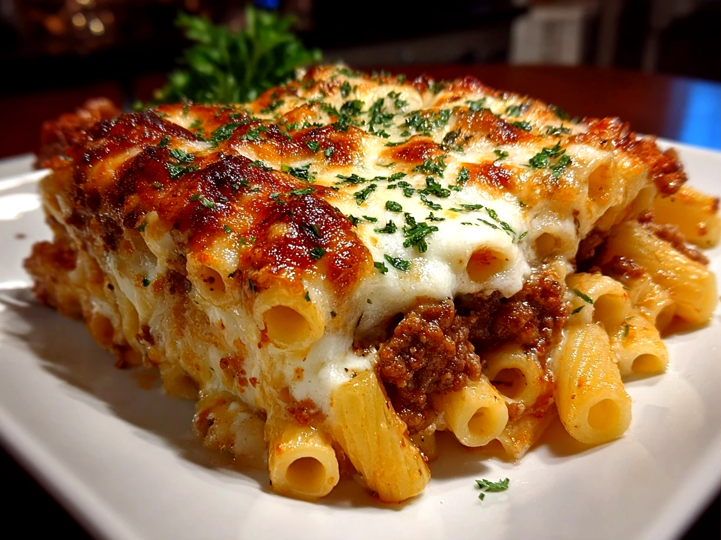 Freshly prepared baked ziti on white plate