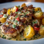 Freshly prepared Chicken and Potatoes Dijon Sauce plated