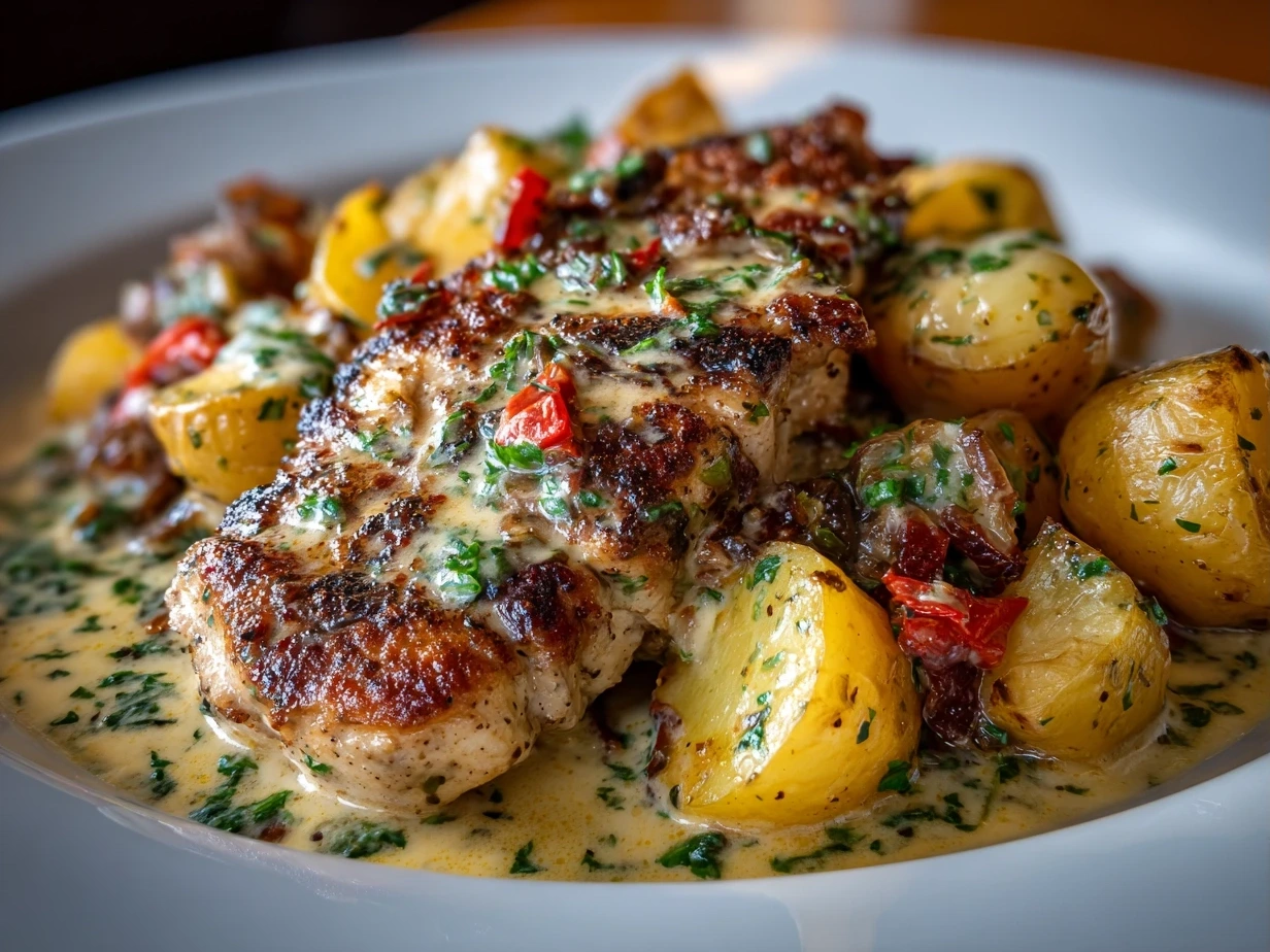 Freshly prepared Chicken and Potatoes Dijon Sauce plated