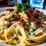 Freshly prepared chicken carbonara plated