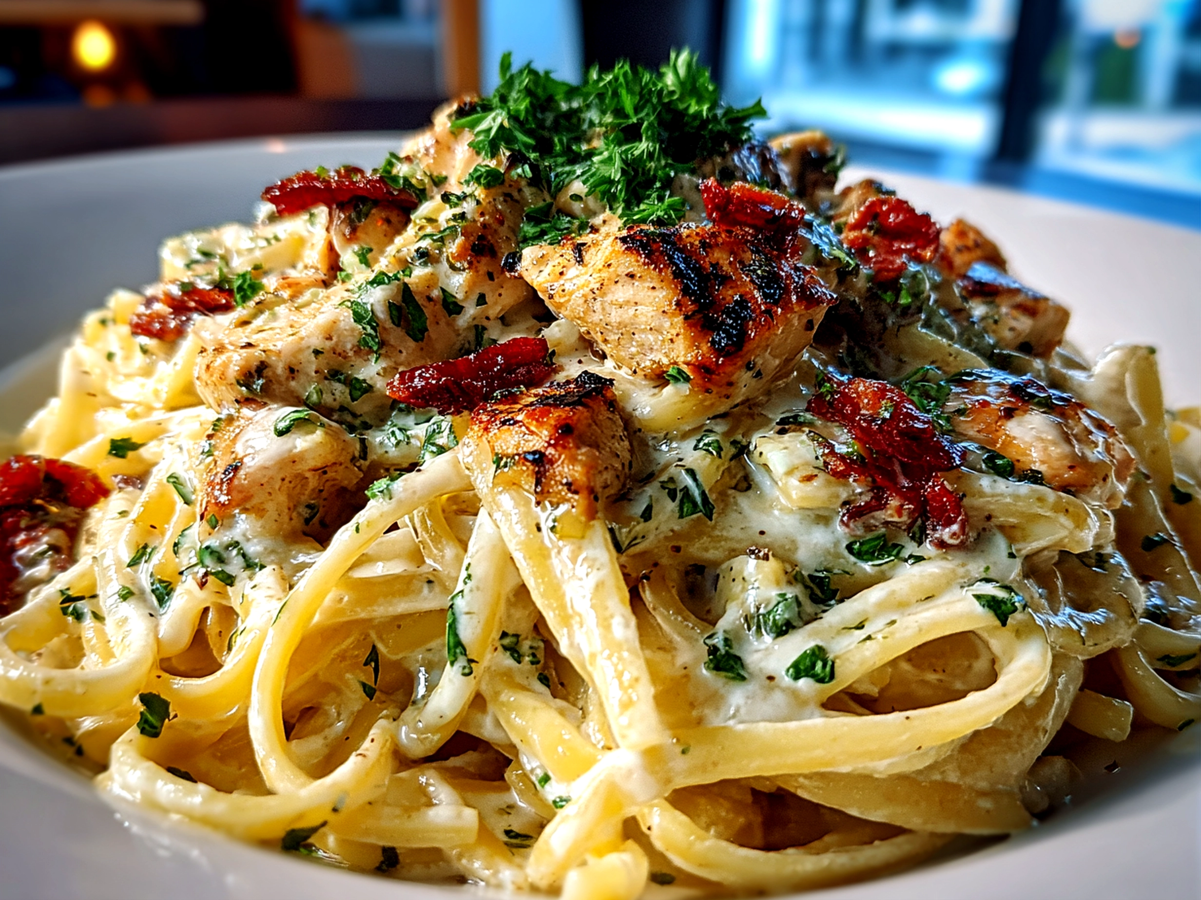 Freshly prepared chicken carbonara plated