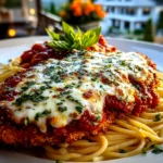 Freshly prepared chicken parmesan on white plate