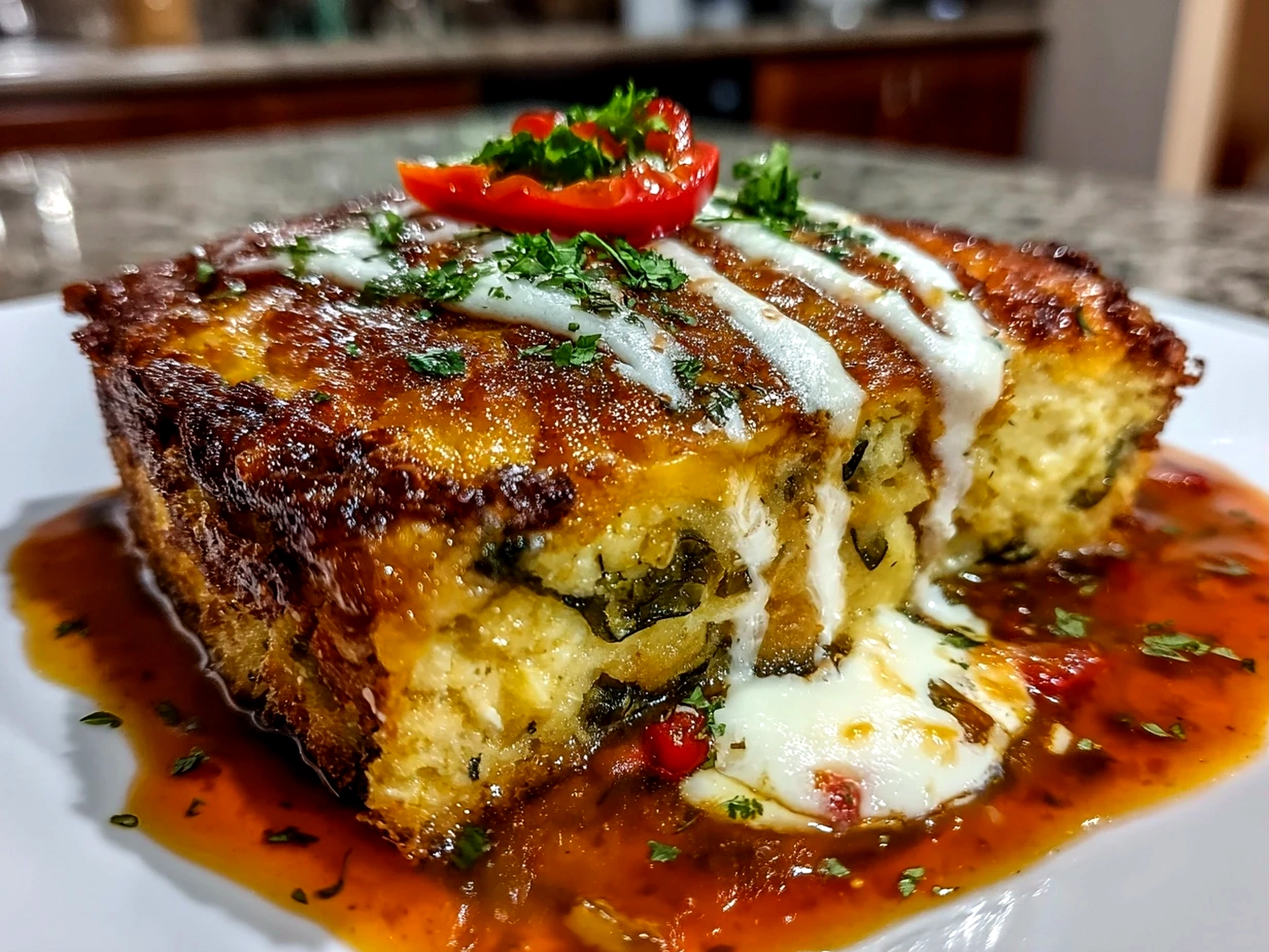 Freshly prepared Chile Relleno Casserole on white plate