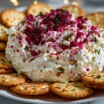 Freshly prepared Cranberry Whipped Feta Dip on white plate