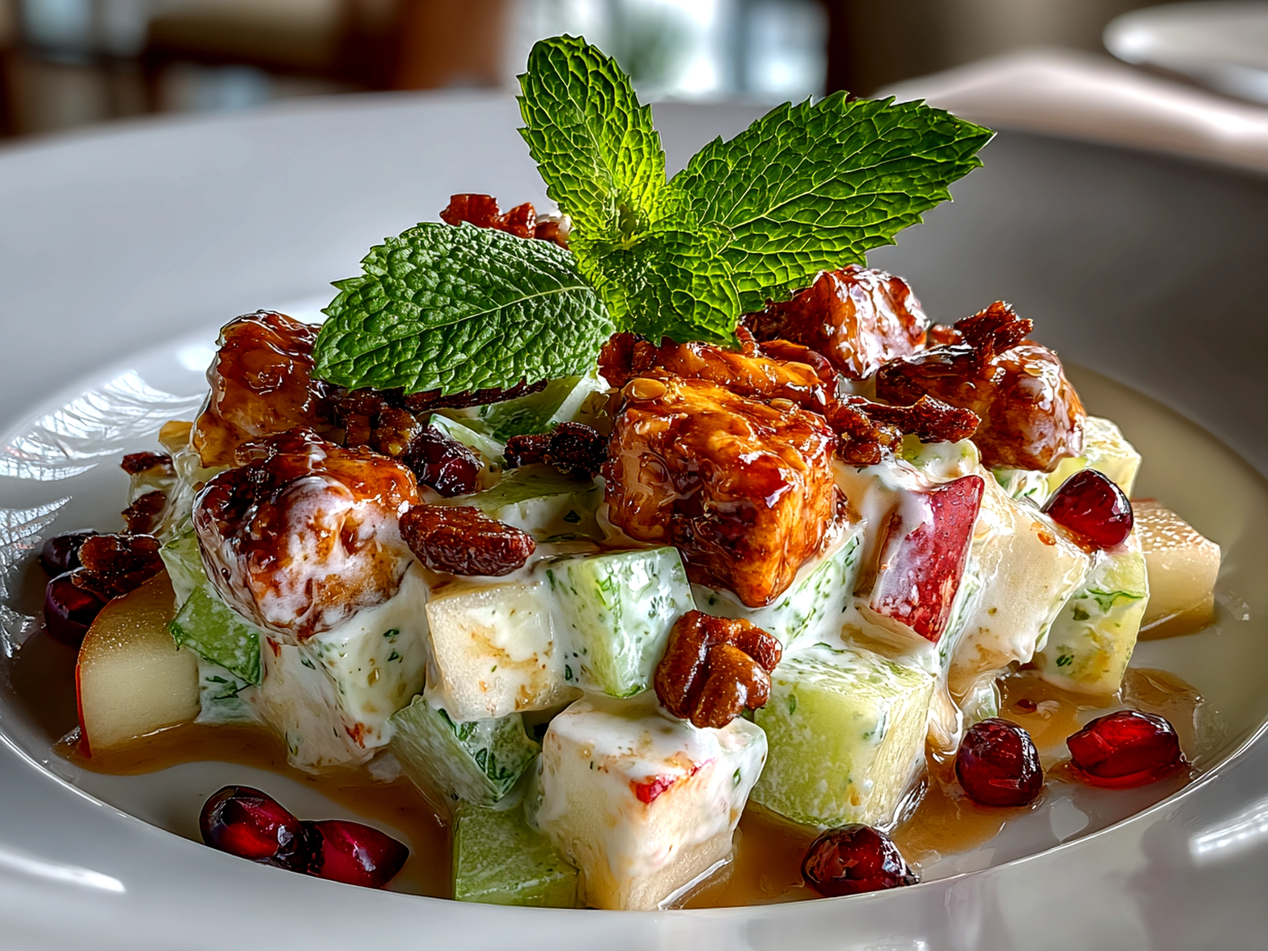 Freshly prepared Snicker Apple Salad on clean counter