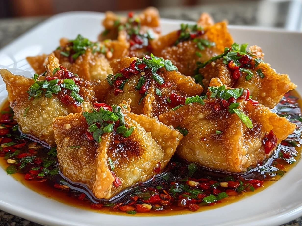 Freshly prepared Spicy Wontons in Chilli Sauce