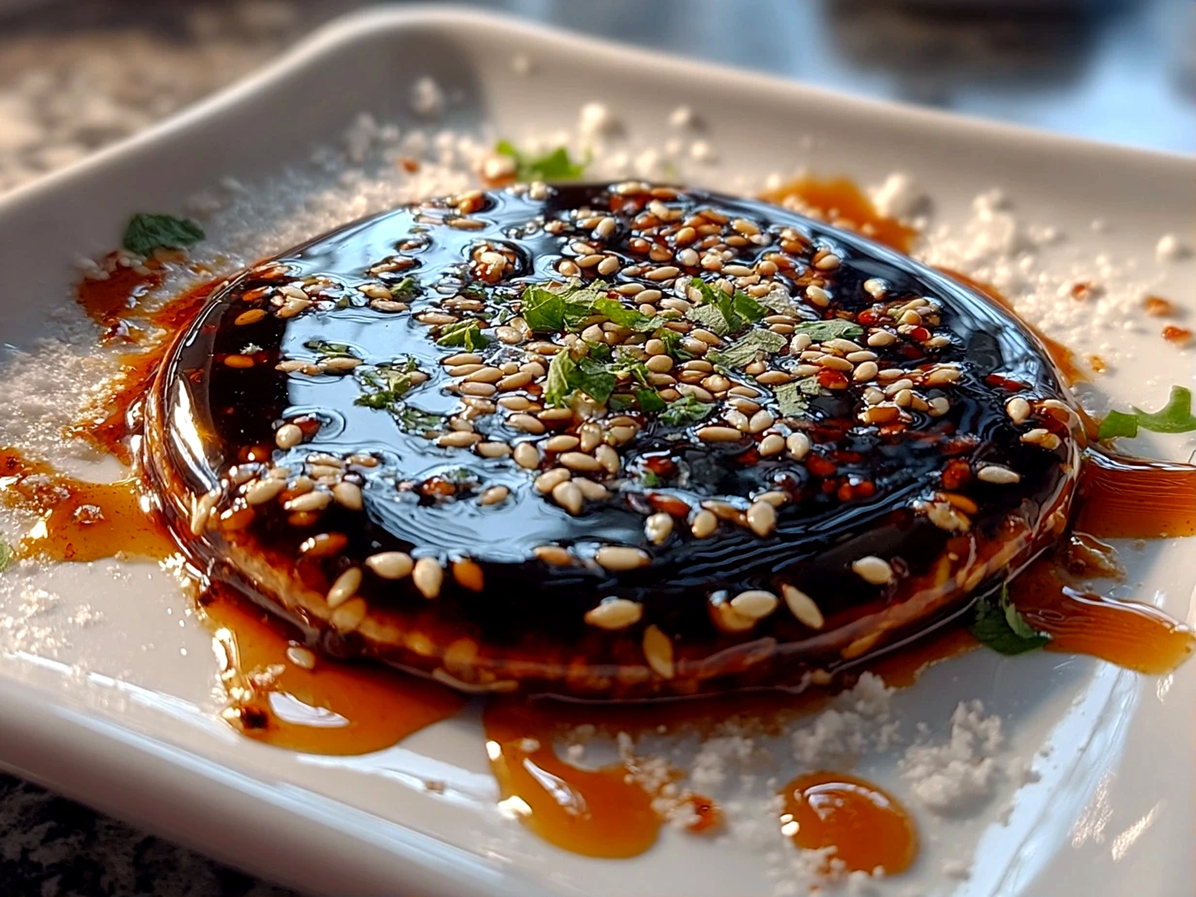 Freshly prepared teriyaki sauce glistening on a white plate