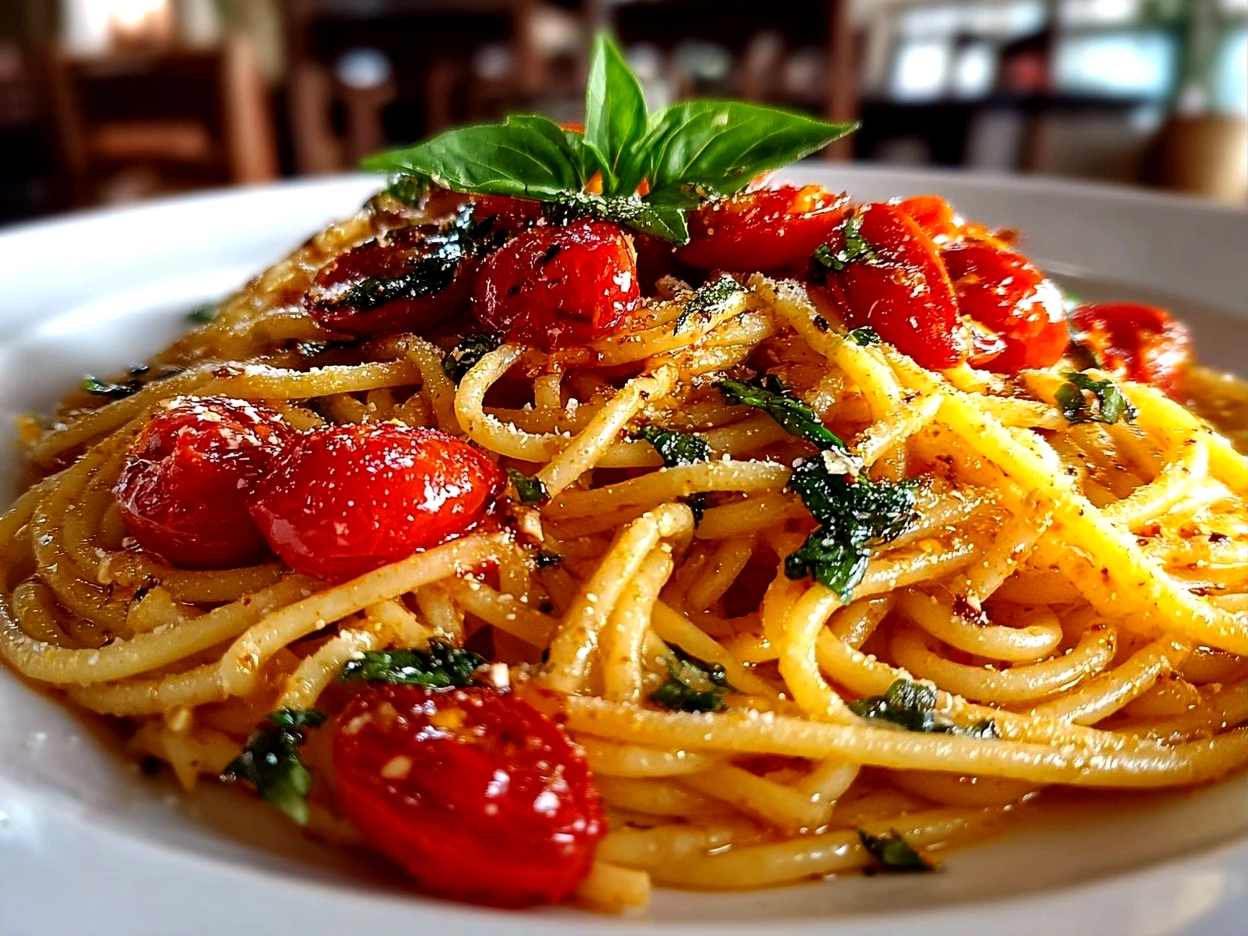 Freshly prepared Tomato Garlic Pasta in minimalist white bowl